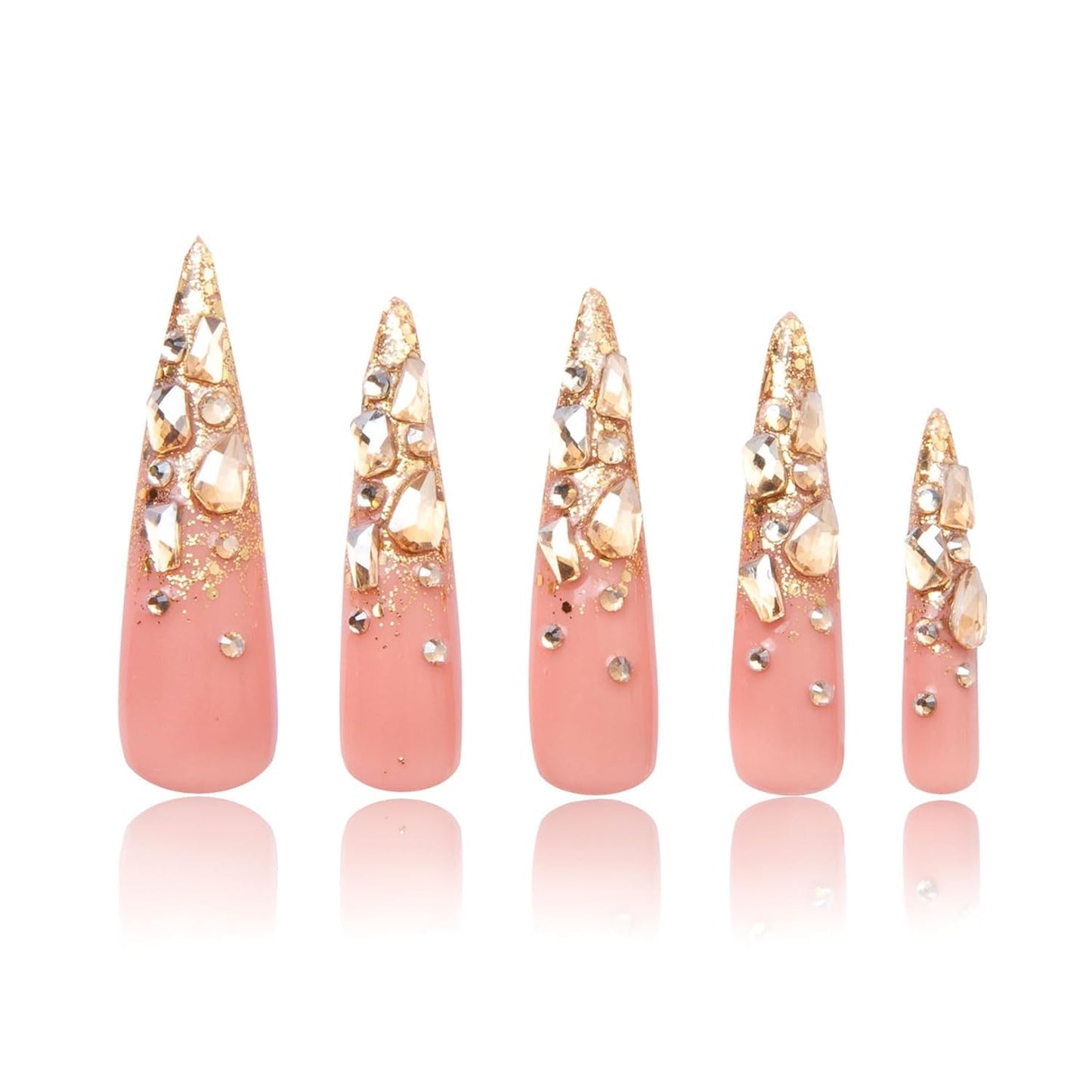 LOVFUL Reusable Press on Nails | Stardust Gold Rhinestone | Salon Quality Sustainable Style Handmade with Full Covered Crystals | Stiletto Long 2.2 in | H84-S