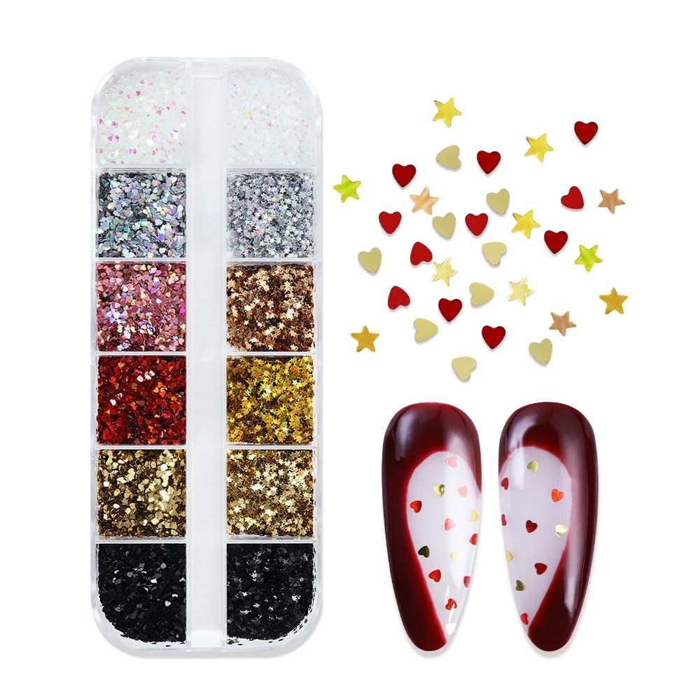 1 Box 12 Color Holographic Hearts Star Nail Glitter Tiny Heart Nail Sequins 3D Red Gold Nail Flakes Sparkly Powder Flakes Shiny Nail Glitter Valentine's Day Nail Sequins Glitter for Nails Art 12 Grids