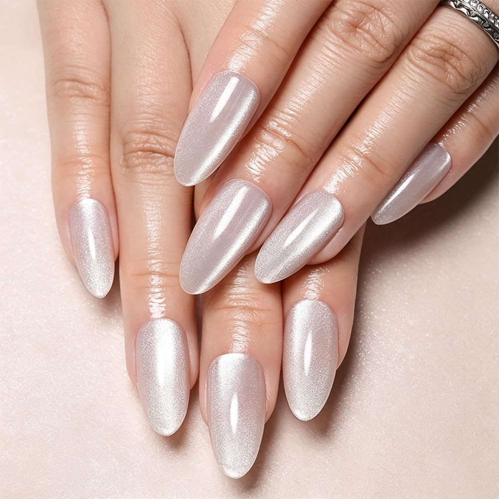 evpct Pearl Cat Eye Press on Nails Almond Medium for Women, Pearl White Medium Almond No Glue Stick on Nails with Cat Eye Design, Holographic Glossy Soft Nail, Reusable Press on Acrylic Fake Nail