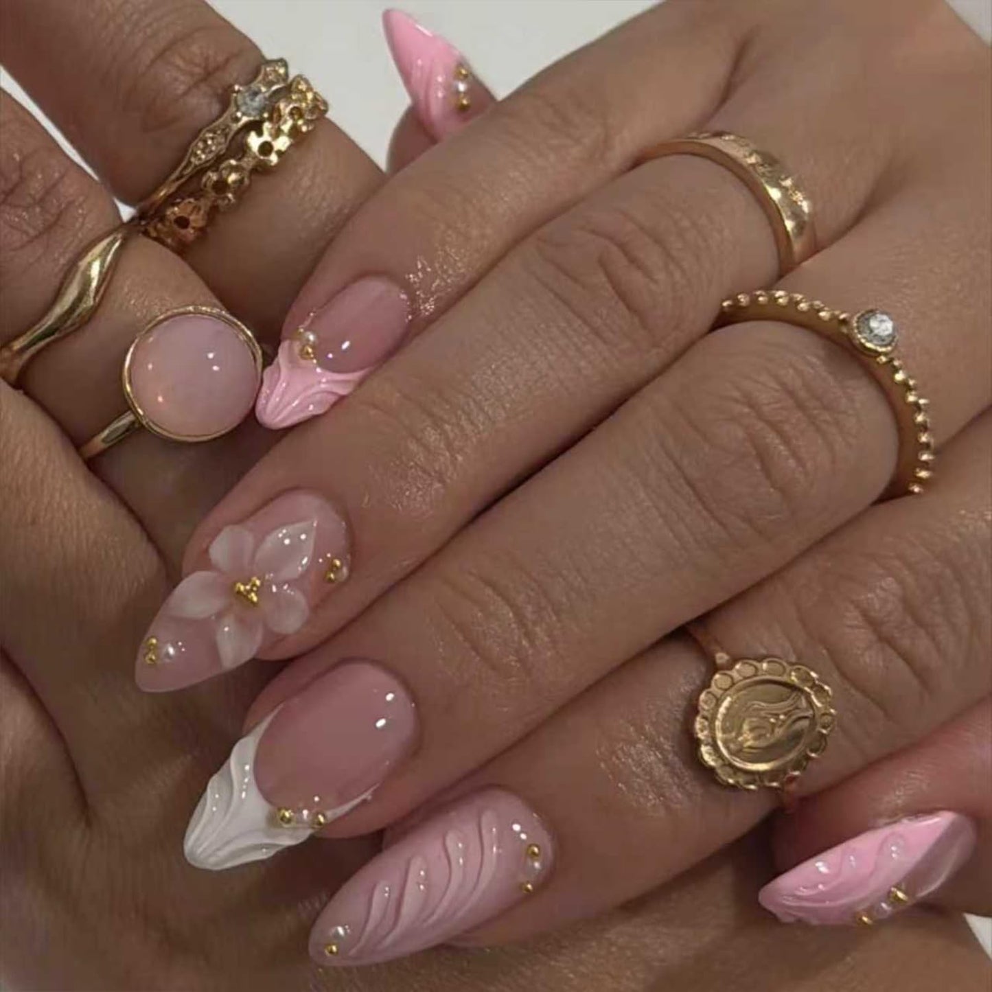 French Tip Press on Nails Medium Almond Fake Nails with 3D Floral Desings Pink Flower False Nails Press ons Glossy Full Cover Glue on Nails Spring Summer Acrylic Nails for Women