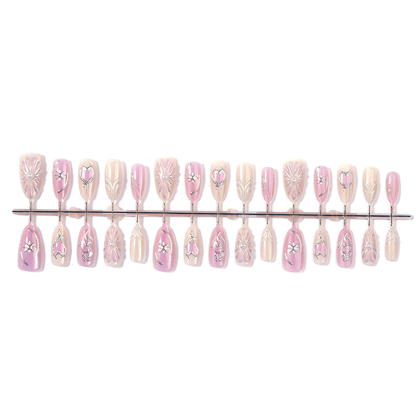 30Pcs Valentine Press on Nails Medium Almond Fake Nails with 3D Rhinestone Design Heart Star False Nails Silver Irregular Line Glue on Nail Pink Glitter Full Cover Chrome Silver Acrylic Nail for Women