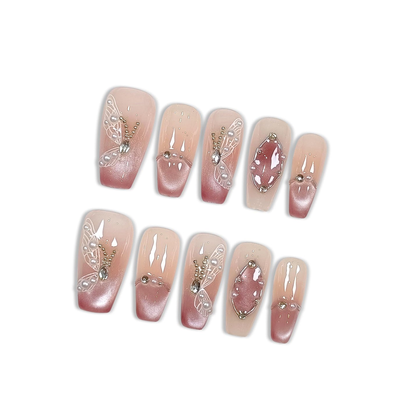 Hantyer Press on Nails Medium Coffin False Nails with Butterfly Design, White Rhinestones & Pearls, Pink Gradient Glossy Cat Eye, Handmade Tips with Tool Kit Salon Nails Sweet Style for Women(Size M)
