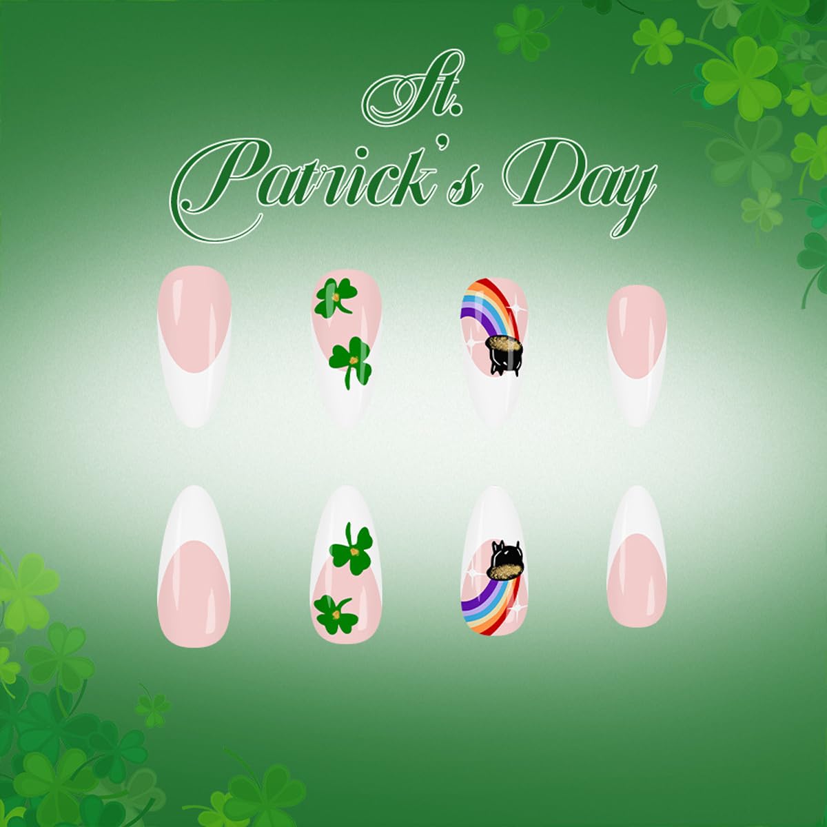 St. Patrick's Day Press on Nails - Short Almond Fake Nails Press ons with Shamrock Rainbow Designs, White French Tip Nails Glossy Acrylic Nails Full Cover Glue on Nails for Women Manicure 24Pcs