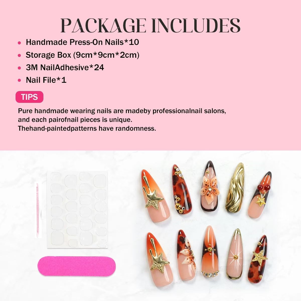 Handmade Press on Nails Long Stiletto False Nails Pink French Tip Fake Nails with 3D Flower Beach Designs Sparkly Charm luxury Artificial Nails for Women 10Pcs (Size M）