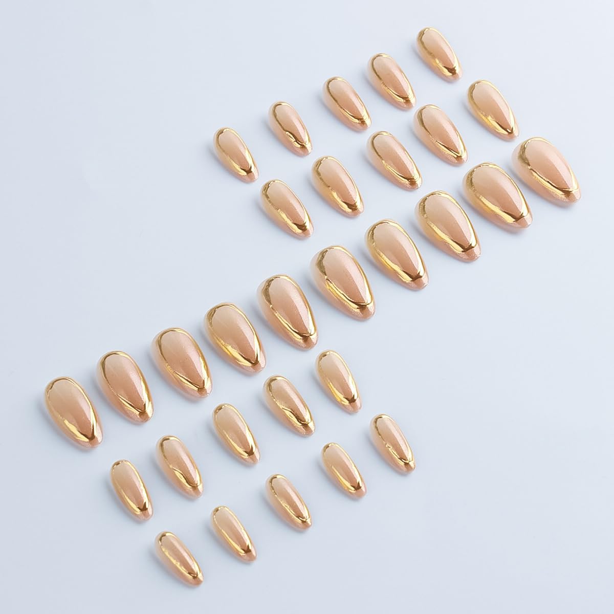Gold Chrome Press on Nails Medium Almond Fake Nails with Design Full Cover Stick on Nails for Women Manicure,Reusable | Artificial | Nail Sticky Tabs | Easy Apply | 24Pcs