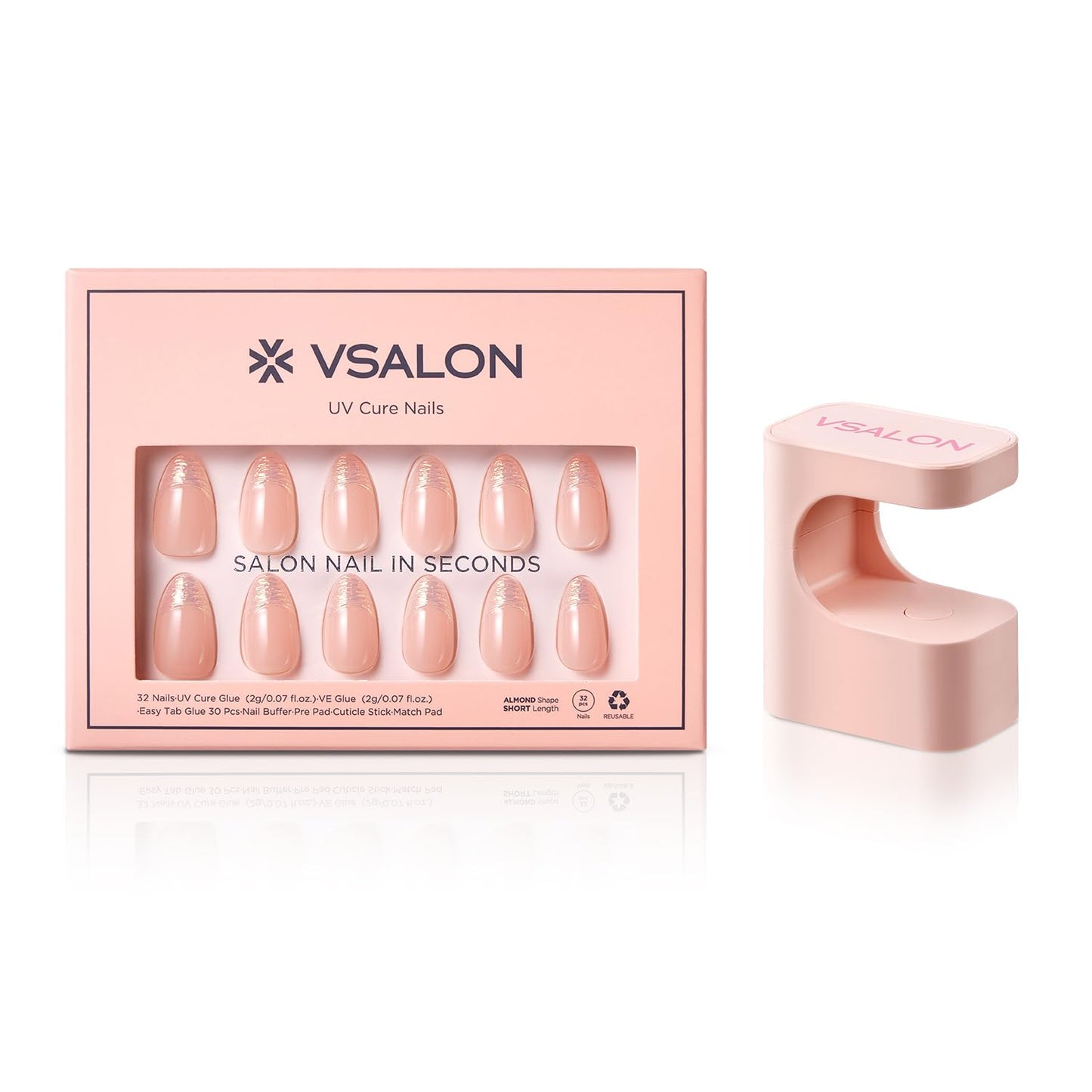 Press-On Nails - Short Almond French Tip Nude Pink Fake Nails, 32 PCS in 16 Sizes, Reusable Nail Kit with Long-Lasting UV Glue, Adhesive Tabs, Nail Glue & Nail Glue