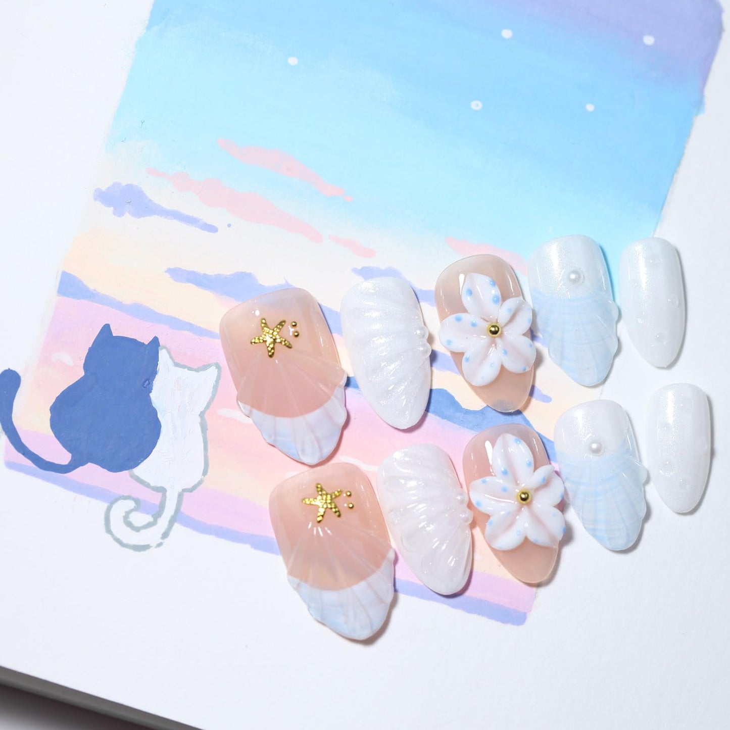 10 Short Almond Handmade Press On Nails | French design with 3D Floral and Seashell | Skip Salon Trips, Easy to Apply & Remove, Reusable (251208, XS)