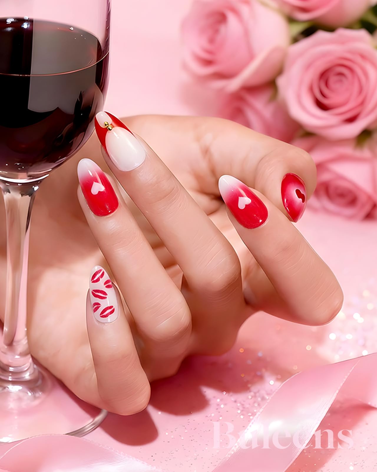 Buleens Valentine’s Medium Almond Press on Nails for Date-Pink Hearts and Lips Handmade Fake Nail for Women, Stylish outfits Gifts for Girls,15 Sizes, 30 Kits with Glue