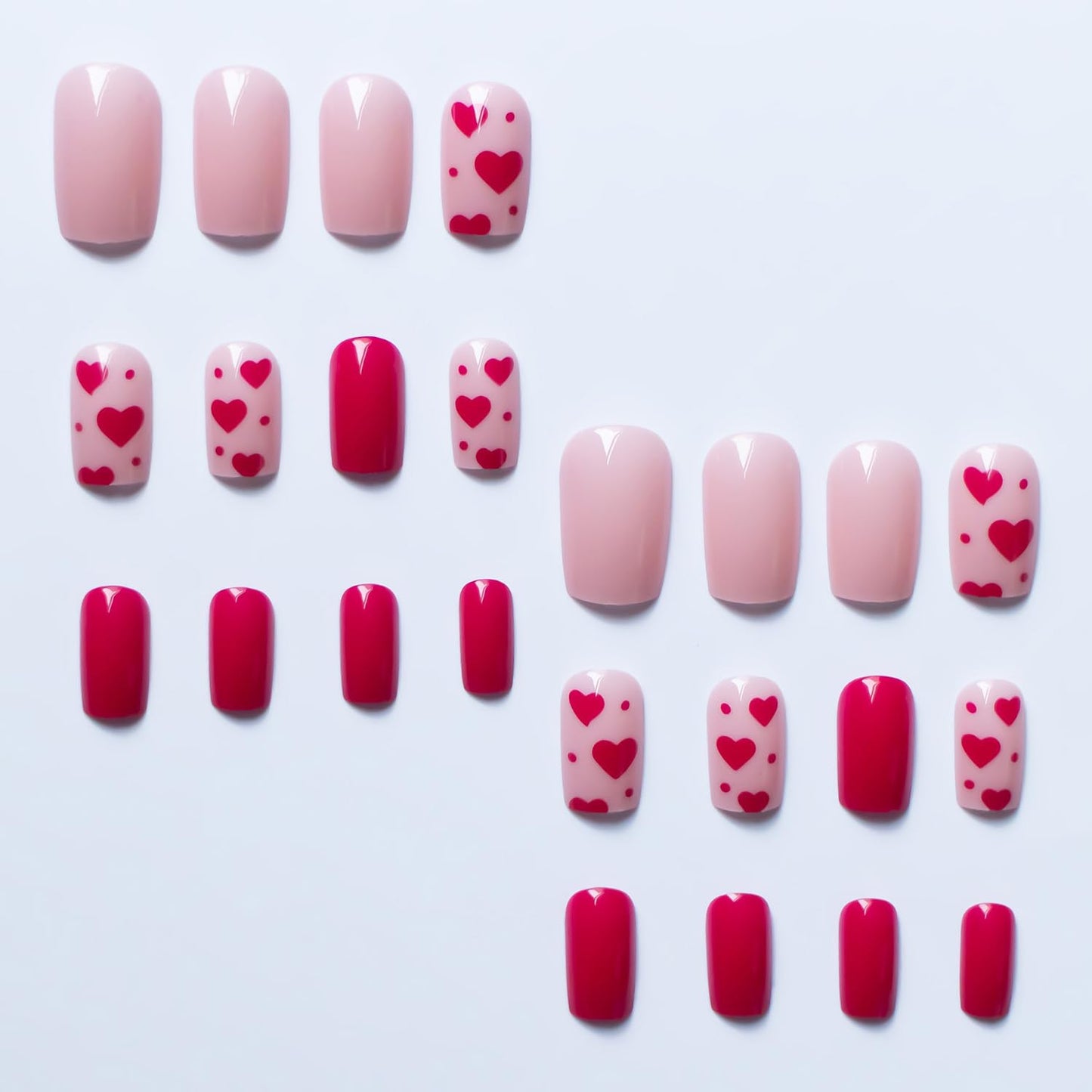 FIEONCIY Press on Nails Short Square Shaped Glossy Full Cover Acrylic Extra Short Square False Nails with Love Heart Designs Artificial Fake Nails Glue Stick ons Fingernails for Women Girls(X0079)