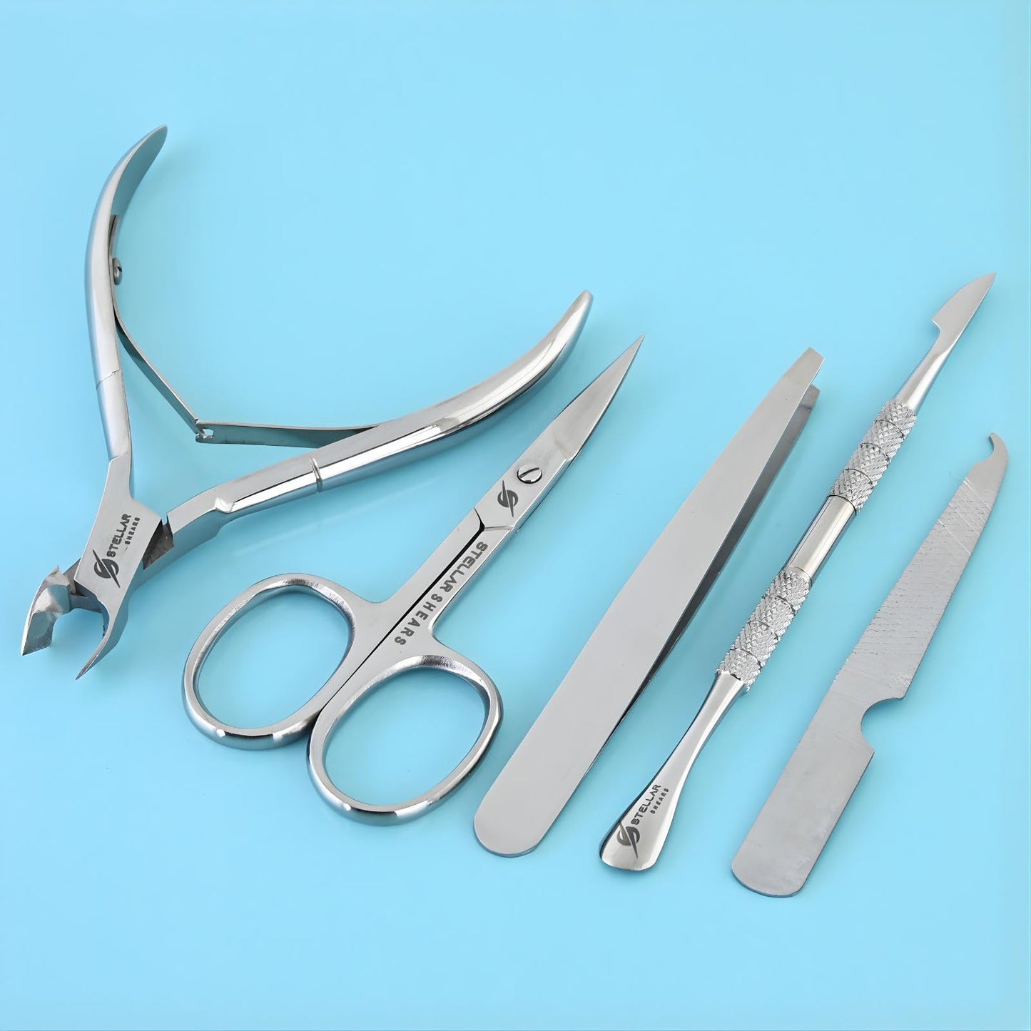 Stellar Shears 5-in-1 Cuticle Trimmer Set – Professional Cuticle Nipper, Scissors, Pusher, Tweezer & Nail File – Stainless Steel Manicure Pedicure Kit for Women, Salon & Home Nail Care (Silver)