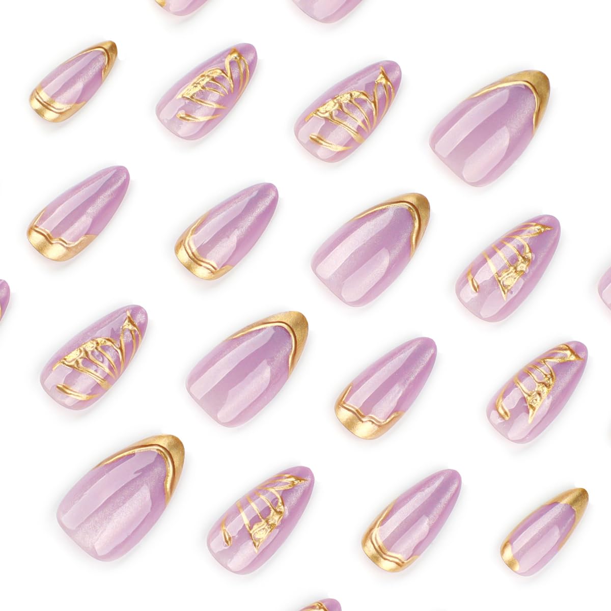 Purple Press on Nails whit Gold Butterfly - Medium Almond Fake Nails Cat Eye Nail Press ons Full Cover Glossy Spring Stick on Nails for Women 24PCS
