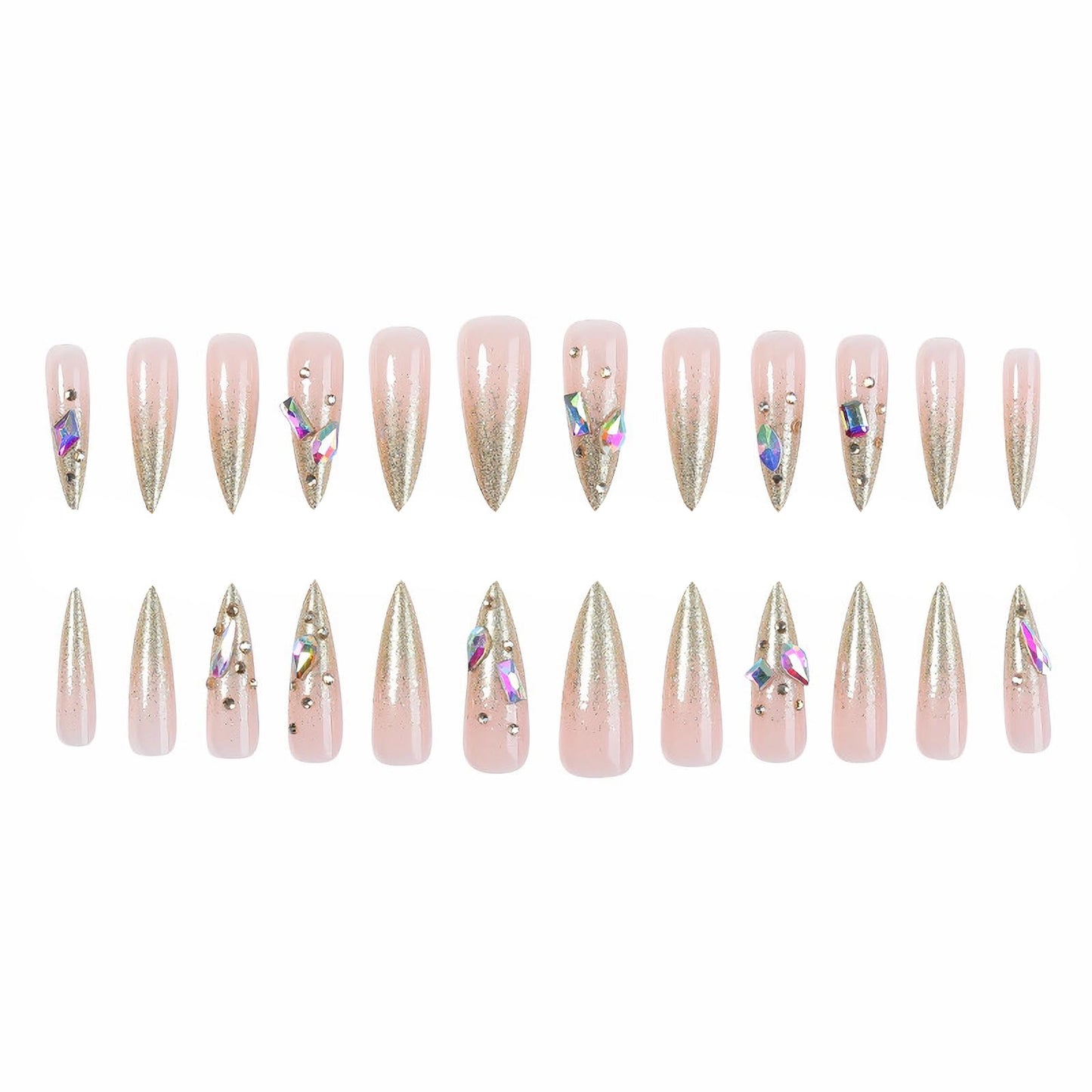 MERVF 24Pcs Long Stiletto Press on Gold Glitter French Tip Fake Nails with Ombre, Rhinestones Design Glue ons Acrylic Luxury Glossy Finish Manicure