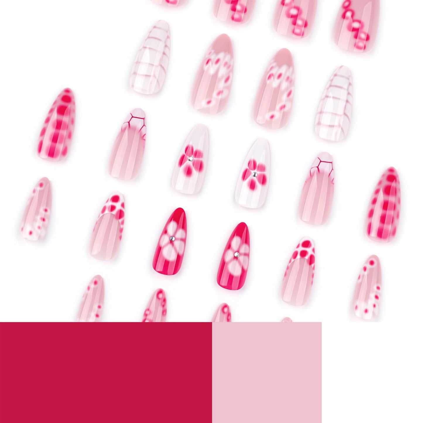 French Tip Press on Nails Short Almond Fake Nails Cute Flowers False Nails with Rhinestones Designs Artificial Nails Flower Petals Nails Tip Glue on Nails Nude Full Cover Nails for Women 24Pcs