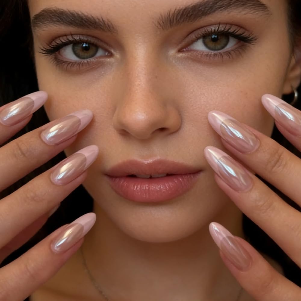 FJSMTOPl French Tip Press on Nails - Pink Fake Nails Press ons - Almond Chrome False Nails - Medium Glue on Nails - Cute Acrylic Stick on Nail for Women Nail Manicure 24Pcs