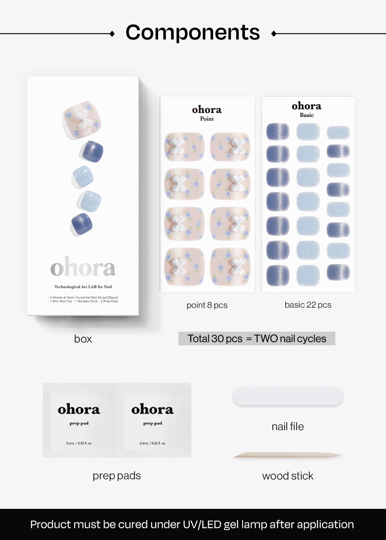 ohora Semi Cured Gel Pedi Strips (P Berry ChouChou) - Works with Any Nail Lamps, Salon-Quality, Long Lasting, Easy to Apply & Remove - Includes 2 Prep Pads, Nail File & Wooden Stick