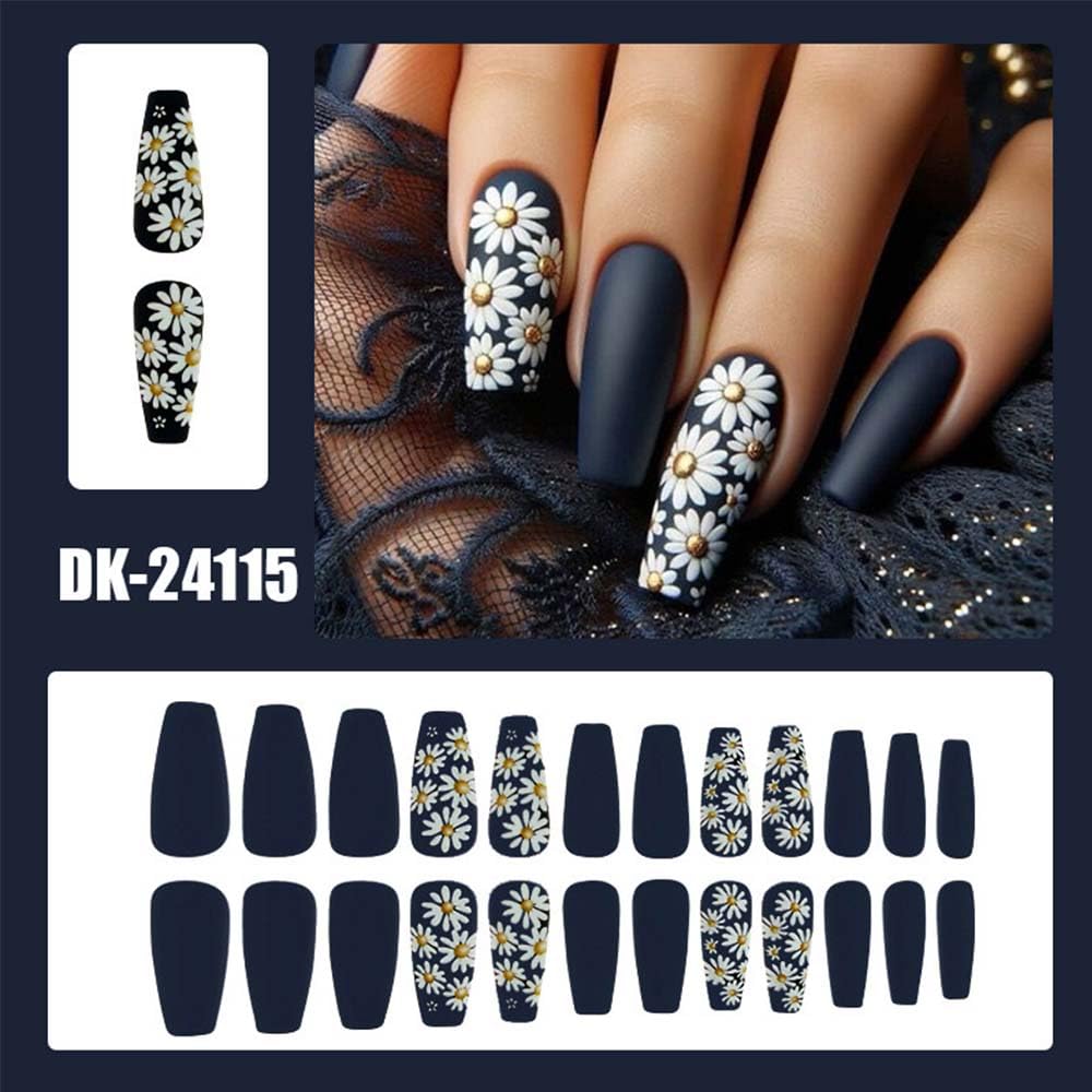 Coffin Press On Nails Medium Fake Nails Black False Nails With Daisy Design Flower Glue On Nails Full Cover Acrylic Artificial Reusable Stick On Nail For Women Manicure Art 24pcs