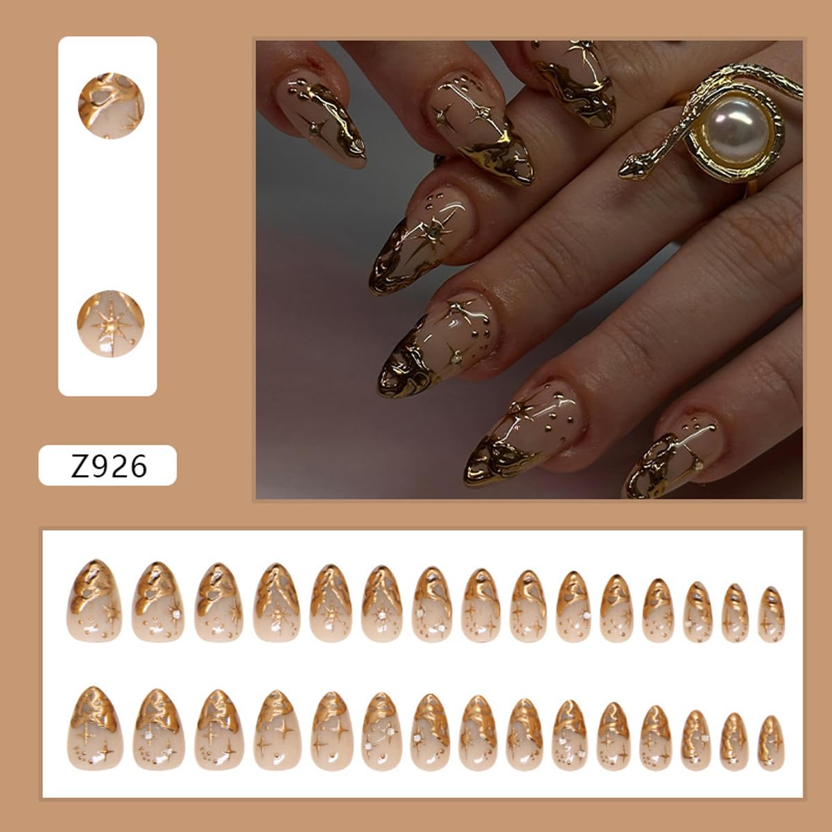 Gold Chrome Press on Nails Short Almond Fake Nails Star Nails Press ons with Design Reusable Artificial Nail Full Cover Glue on Nail Stick on Nails for Women Manicure 24 Pcs