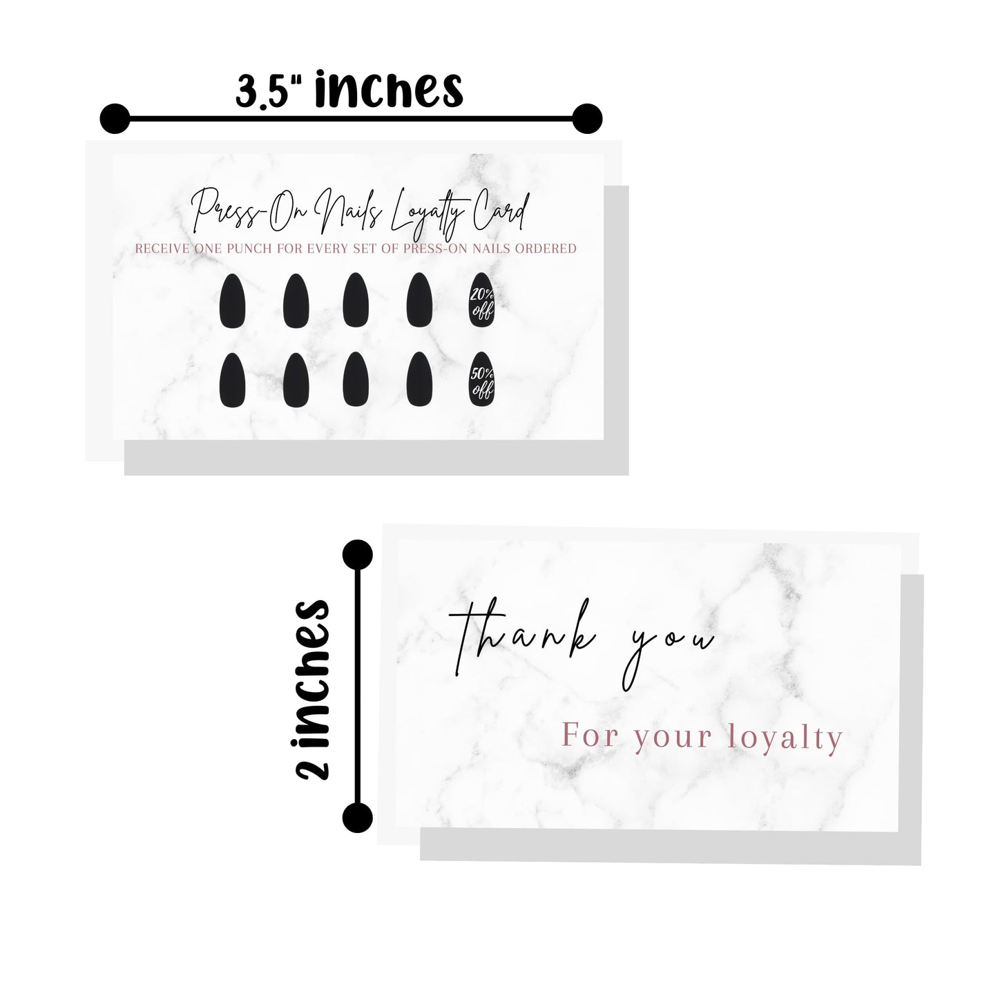 Boutique Marketing LLC Press-On Nail Loyalty Discount Cards | 50 Pack | 2x3.5 Inch inch Business Card Size | DIY Press-On Nail Kit | Marble Look with Black Nail Design,marble,black,white