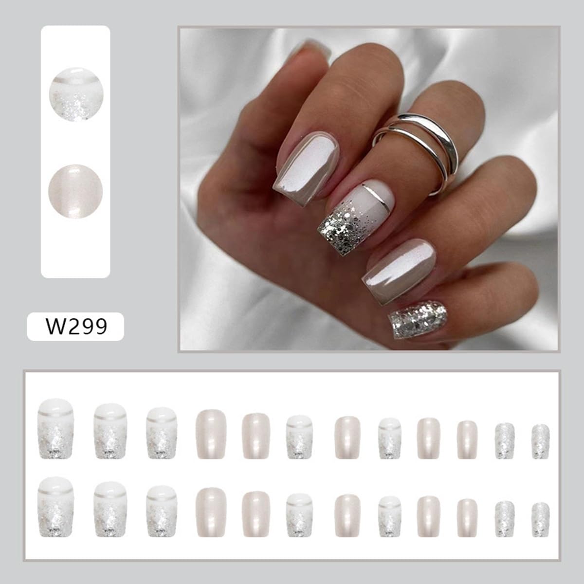 Silver Press On Nails - Square Medium Glitter Chrome False Nails with Designs, Full Cover Glossy Acrylic Glue on Nails, 24Pcs