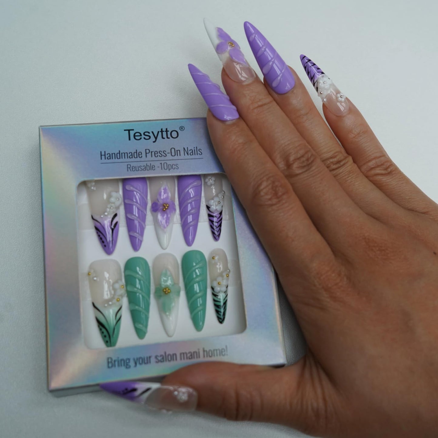 Tesytto Purple & Green Press on Nails Long Stiletto - Handmade Floral Leopard French Tip, Luxury 3D Flower Design, Spring Vacation Salon Finish Stick on Nails (Flower Fairy,S)