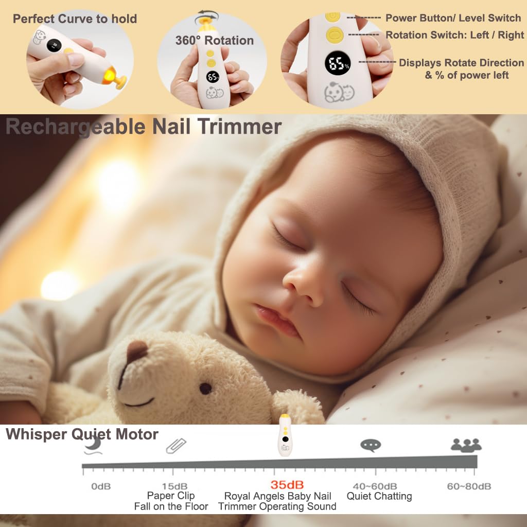 Royal Angels Rechargeable 22 in 1 Baby Nail Trimmer with LCD Display, Labeled Case, 13 Extra Pads, Safe Quiet LED Light Electric Baby Nail File Kit for Newborns Toddlers (Mango)