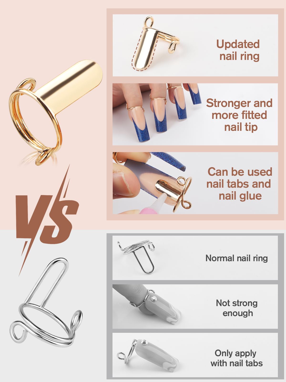 20PCS Nail Rings, EBANKU Updated Adjustable Nail Rings Detachable Reusable Women Gift Ring Set with 120PCS Adhesive Nail Tabs for Acrylic Nail Art Decoration Gold and Silver