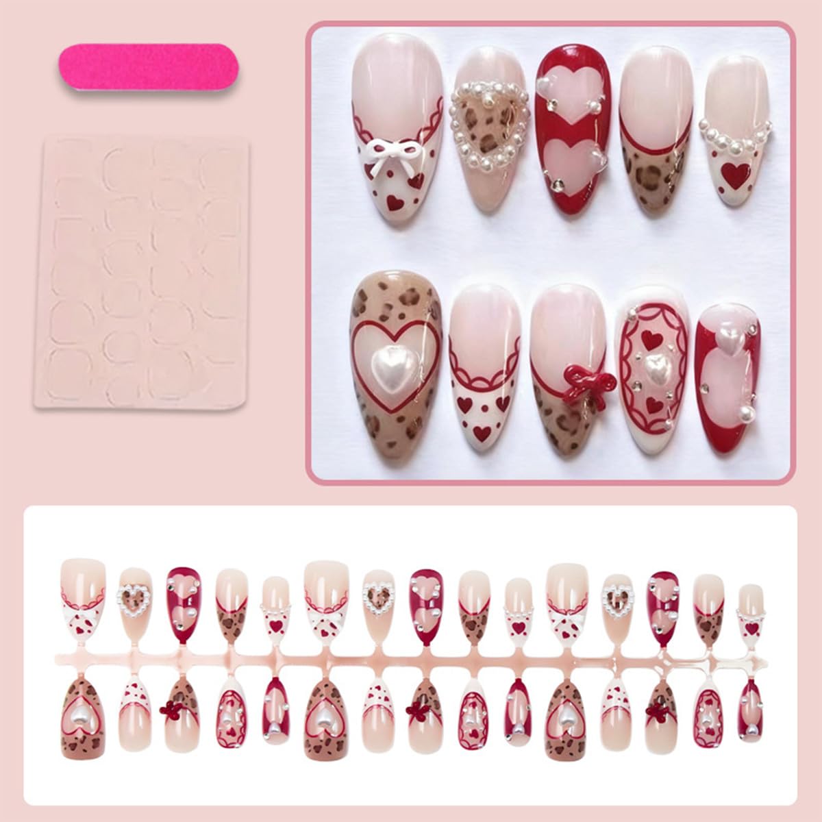 24Pcs Valentine Press on Nails Medium Almond Fake Nails 3D Bow Leopard Print Pearl Rhinestones Design Cute French Tip False Nails Romantic Red Heart Full Cover Stick on Nail for Women Manicure Salon