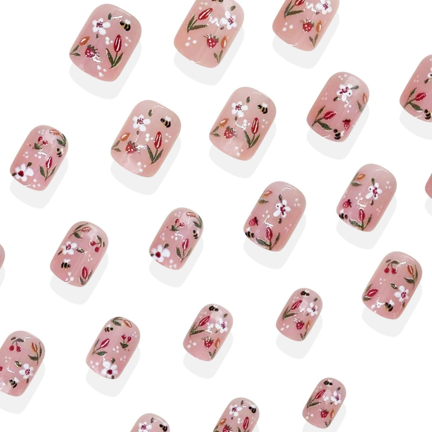 Spring Press on Nails Short Square Fake Nails Bee Flower False Nails Nude Pink Insect Floral Fruit Glue on Nails Full Cover Summer Acrylic Nails Glossy Artificial Stick on Nails for Women Manicure