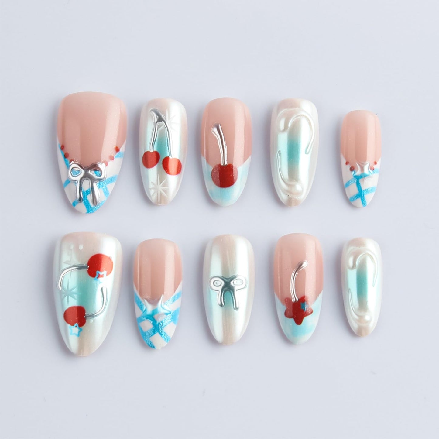 3D Bow Tie Press on Nails Cherry Gel Glue on Nail Red Stars Acrylic Fake Nail Glossy Blue Glitter French Tips Stick on Fingernails Valentines Almond Medium False Nails 30Pcs for Women Valentine's Gift