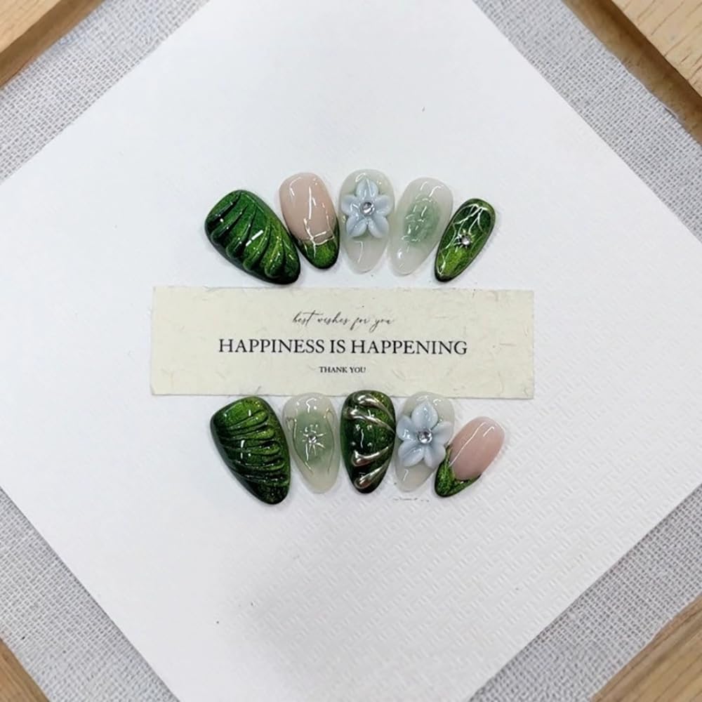 Almond Press on Nails Handmade Medium Fake Nails Green French Tip with 3D Flower Designs luxury Glossy Cute Acrylic Nails for Women 10pcs (Size M）