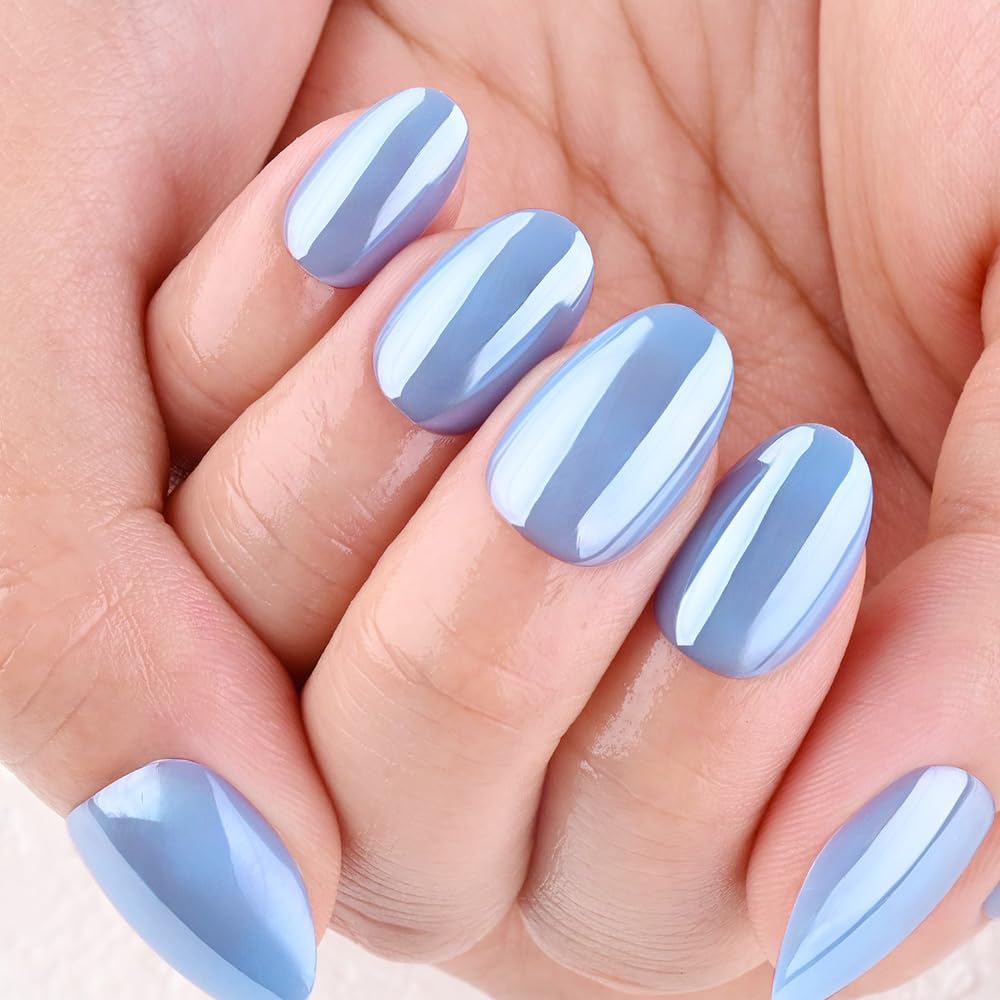 evpct Sky Blue Glazed Metal Press on Nails Short Oval, Short Oval Chrome Glossy Aurora Stick on Nail for Women, Reusable Full Cover Soft Press on Nail Perfectly Fit with Glazed Design Salon Quality