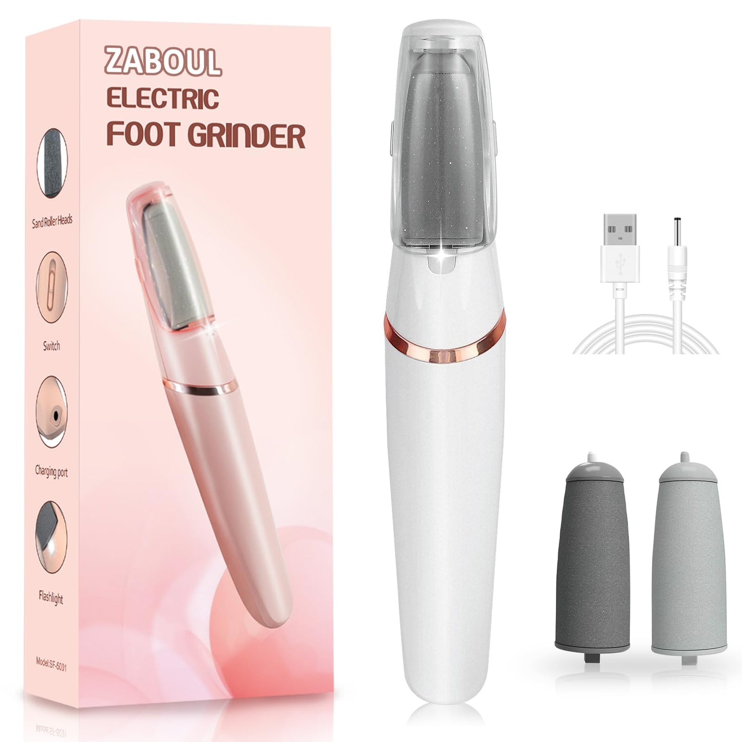 ZABOUL Electric Foot Callus Remover Rechargeable Portable Electric Foot File Pedicure Tool Kit, Smooth Pedicure Wand for Feet Care, Removes Dry Hard & Dead Skin, Ideal Gift