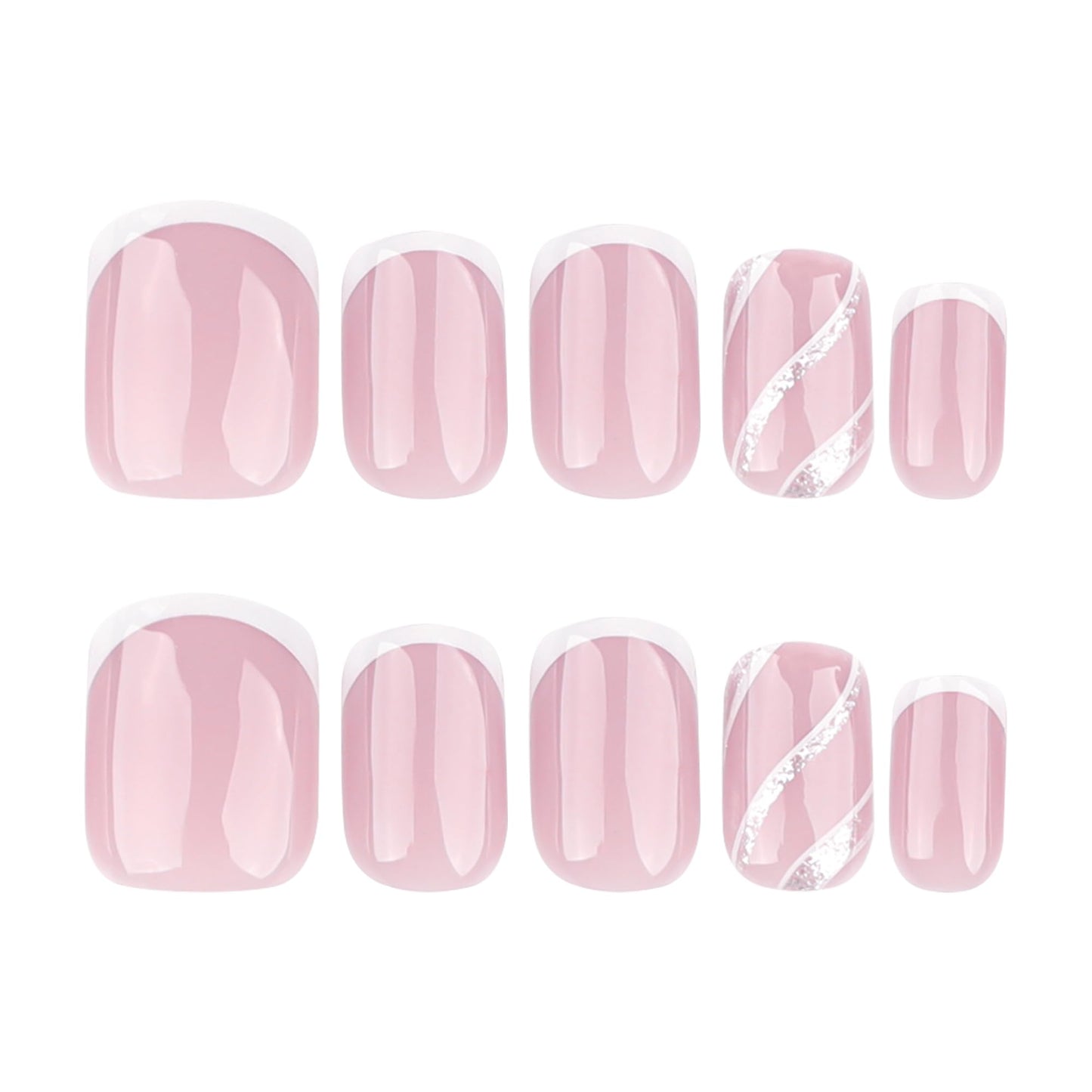 Stbisen French Press On Nails Short Square, Nude Fake Nails with White French Tips, Delicately Adorned with Silver Streaks, Glossy Gel Finish, Thick Natural Reusable Glue On Nails for Women, 24Pcs