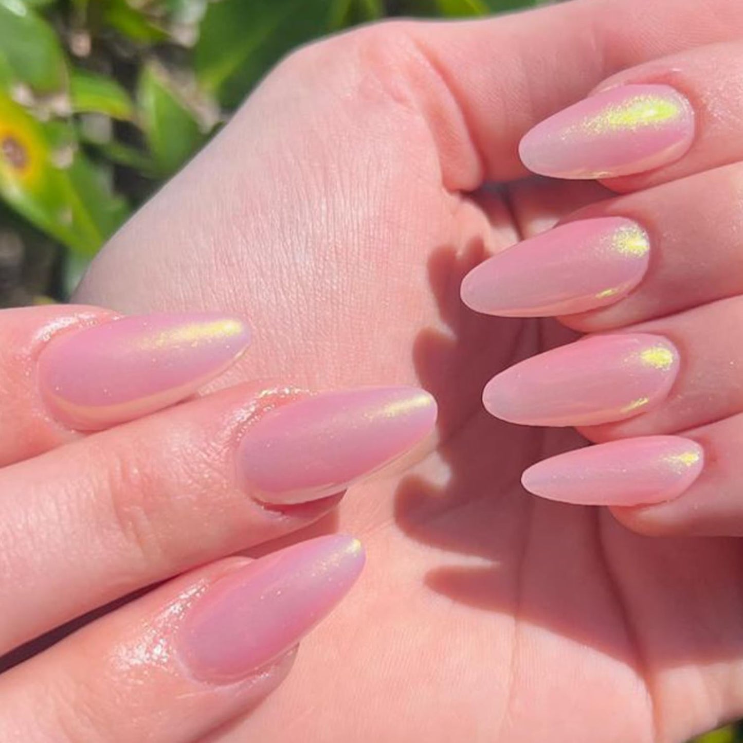 GLAMERMAID Hamdmade Thermo Press on Nails Gel Medium Almond, Glitter Purple Pink Ombre Fake Nails Short Stiletto, Pink Golden Glitter Galaxy Fake Nails Shinny Short Stiletto Shimmer Acrylic False Nail