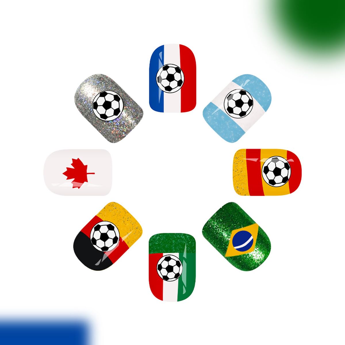 World Cup Soccer Press on Nails 4th of July, Short Square Fake Nails Glitter Acrylic False Nails with Soccer Ball Multi National Flags Designs Full Cover Glue on Nail for Women 24Pcs