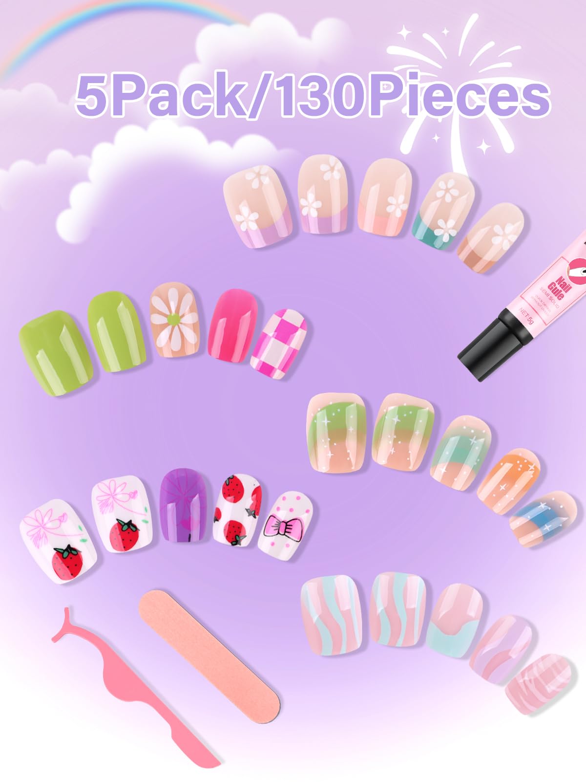 EBANKU 130 Pcs Press on Nail Kids, 5 Pack French Flower Kid Flase Nails Kit with Nail Glue Set Fake Nail for Girls 5-10 Years Christmas Gift Set