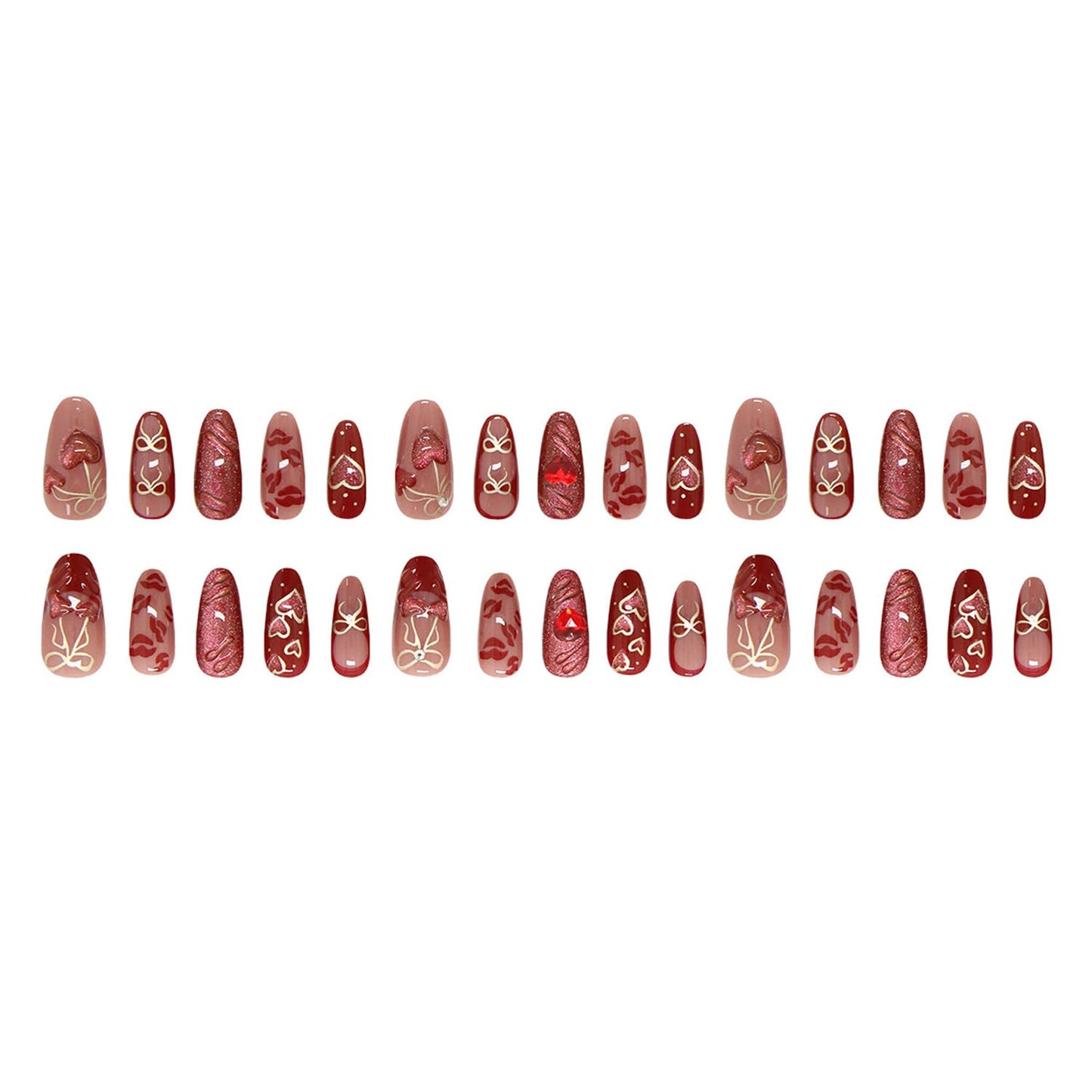 24pcs red Press on Nails Medium Almond Fake Nails with Luxury Glitter Love Heart Gems Design Fashion Retro Red Almond False Nails Ins Simple Red Festive Holiday Nail Manicure for Women Acrylic Nail