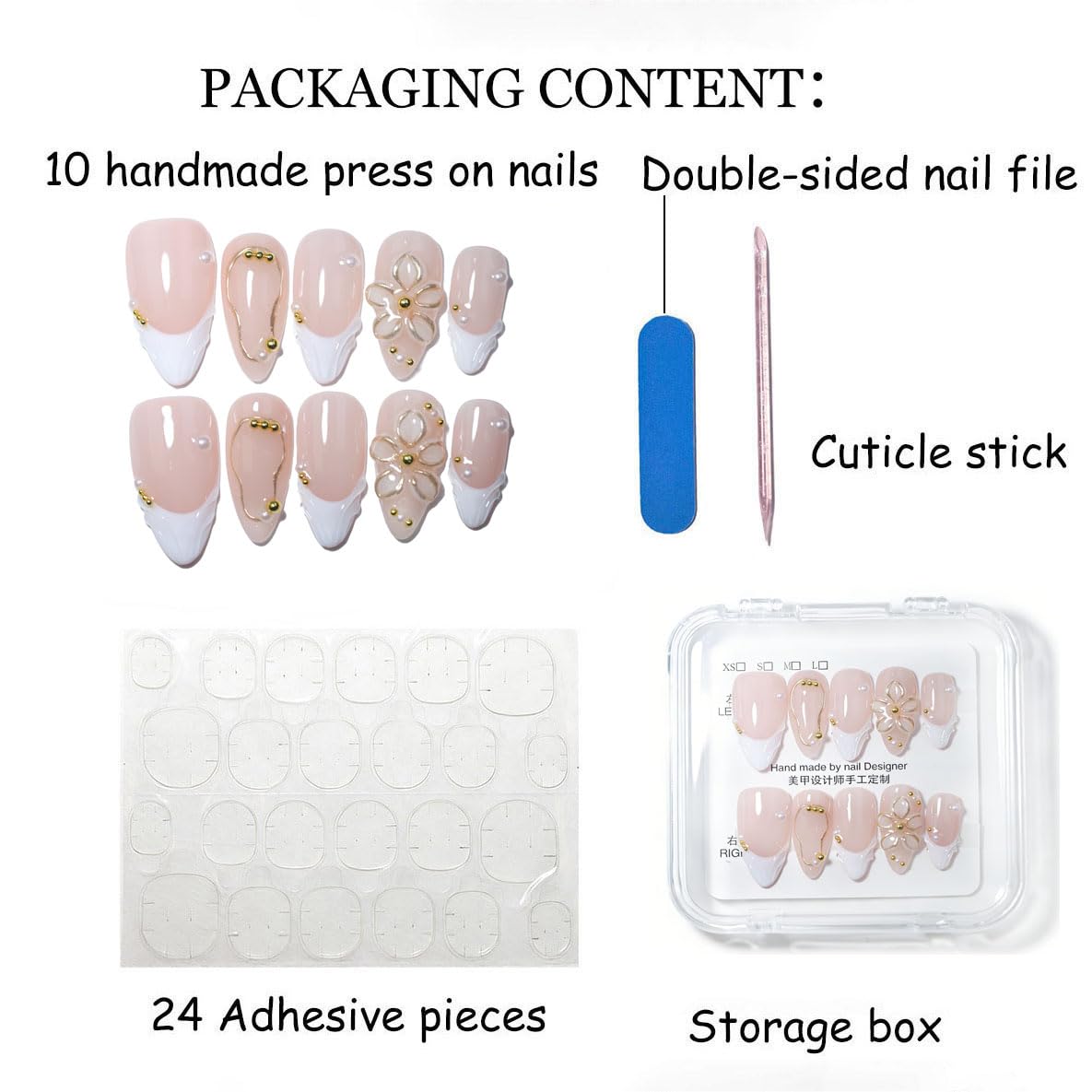 10Pcs Medium Almond Handmade Press On Nails | Easy Apply & Remove, Reusable Salon Quality Nails | Elegant Nude Fake Nails with 3D Floral, Wave French Tip & Pearl Gold Bead Accents(5U13, S)