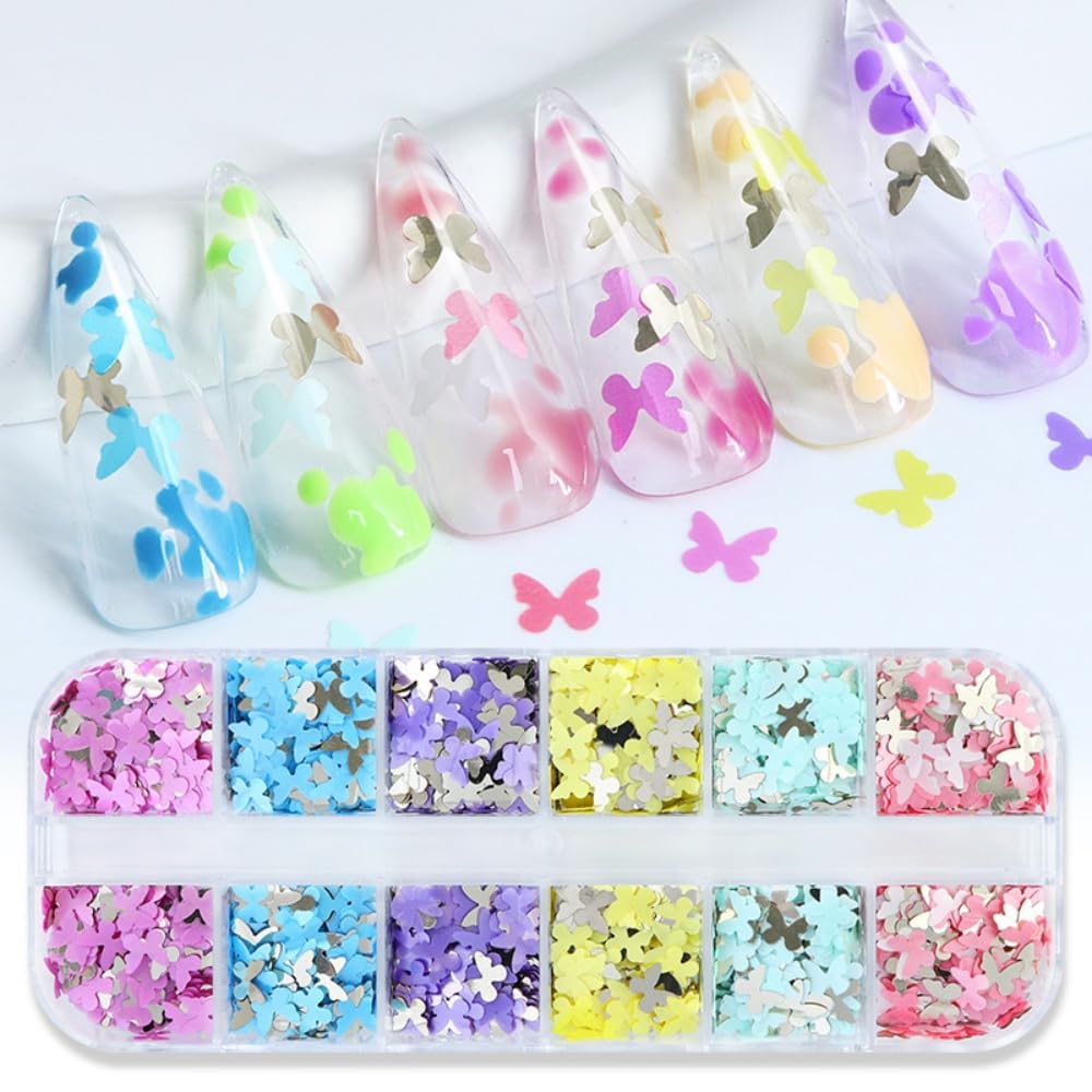 1 Box 6 Color Holographic Butterfly Nail Glitter Laser Pink Nail Sequins 3D Blue Yellow Nail Flakes Sparkly Powder Flakes Shiny Nail Glitter Colorful Nail Sequins Glitter for Nails Art 12 Grids