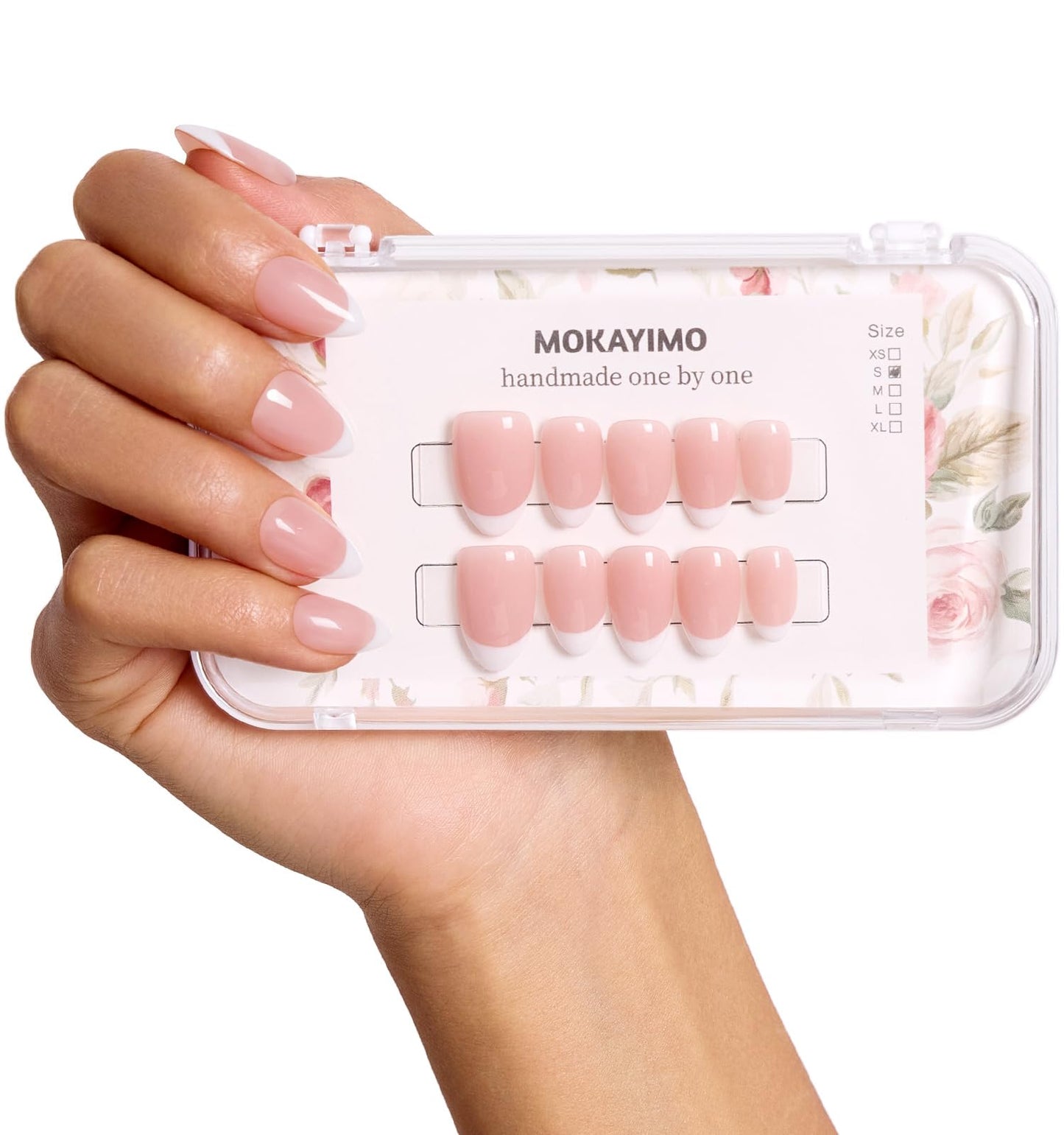 French Tip Press On Nails Short Almond,MOKAYIMO White French Nail Press Ons,10Pcs Handmade Custom-Sized Acrylic False Nails Kit,Natural Look,Salon Quality,Long Lasting,Size L