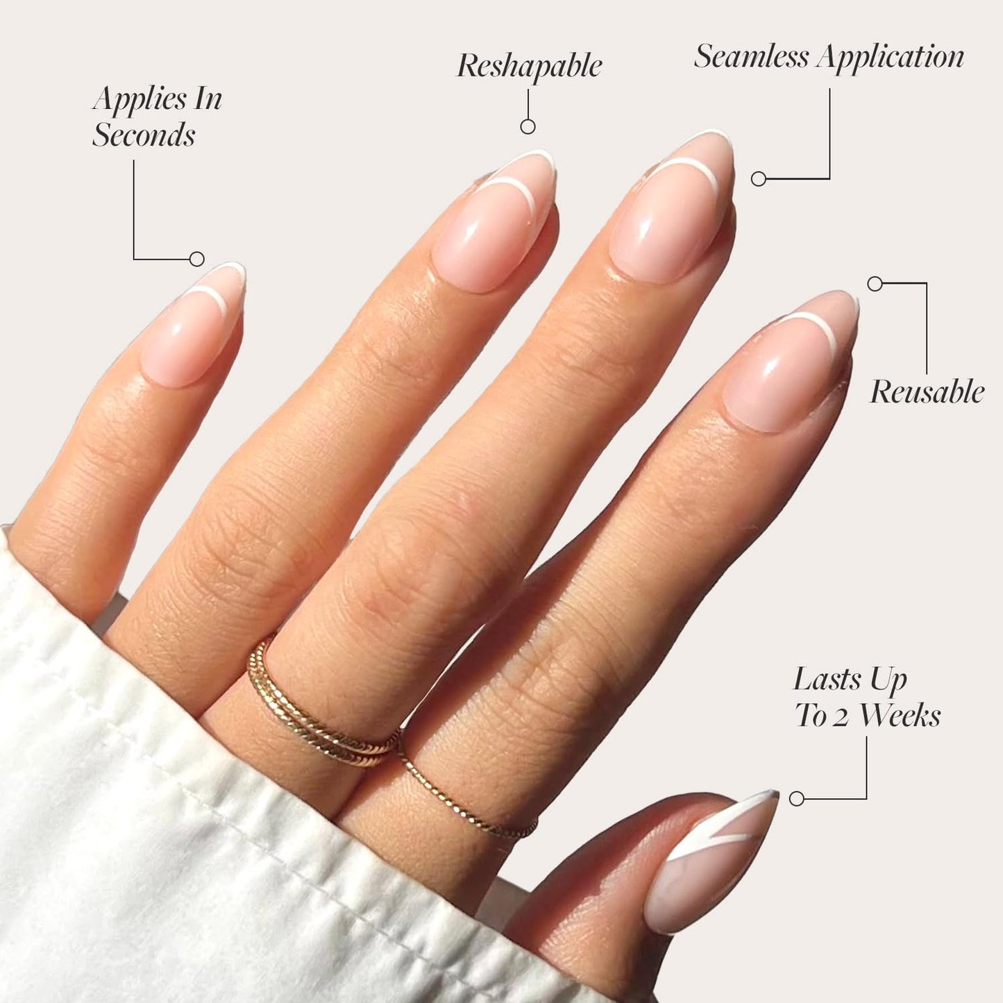 Glamnetic Press-On Nails & Adhesive Nail Tabs - Heavenly | Nude Trendy French Tip Short Almond Fake Nails | 15 Sizes - 30 Nail Kit with Adhesive Tabs