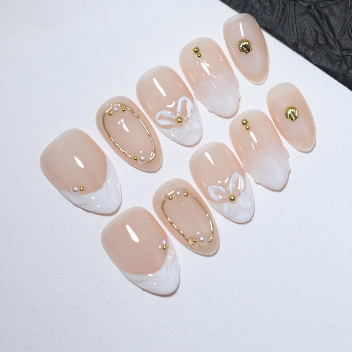 10 Pcs Short Almond Handmade Press On Nails | Nude French Tip with 3D Butterfly Floral Wave & Gold Pearl Shell Accents | Reusable, Easy to Apply & Remove, Salon-Quality Manicure (RR12, S)