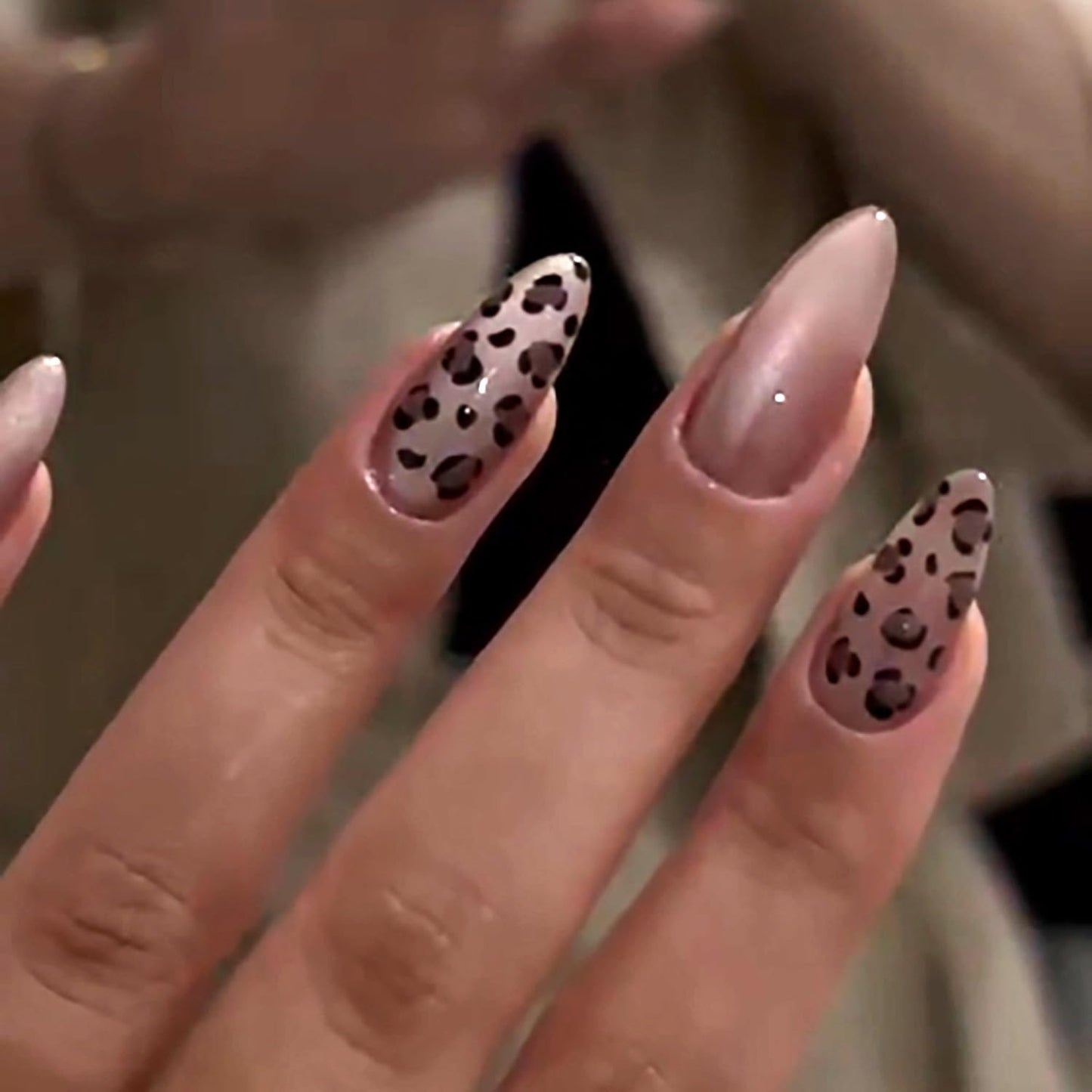 Leopard Print Press On Nails Long Almond Soft Gel Fake Nails, Nude Brown Glossy Animal Print Glue On Nails, Reusable Elegant False Nails for Women, Salon Quality 24PCS