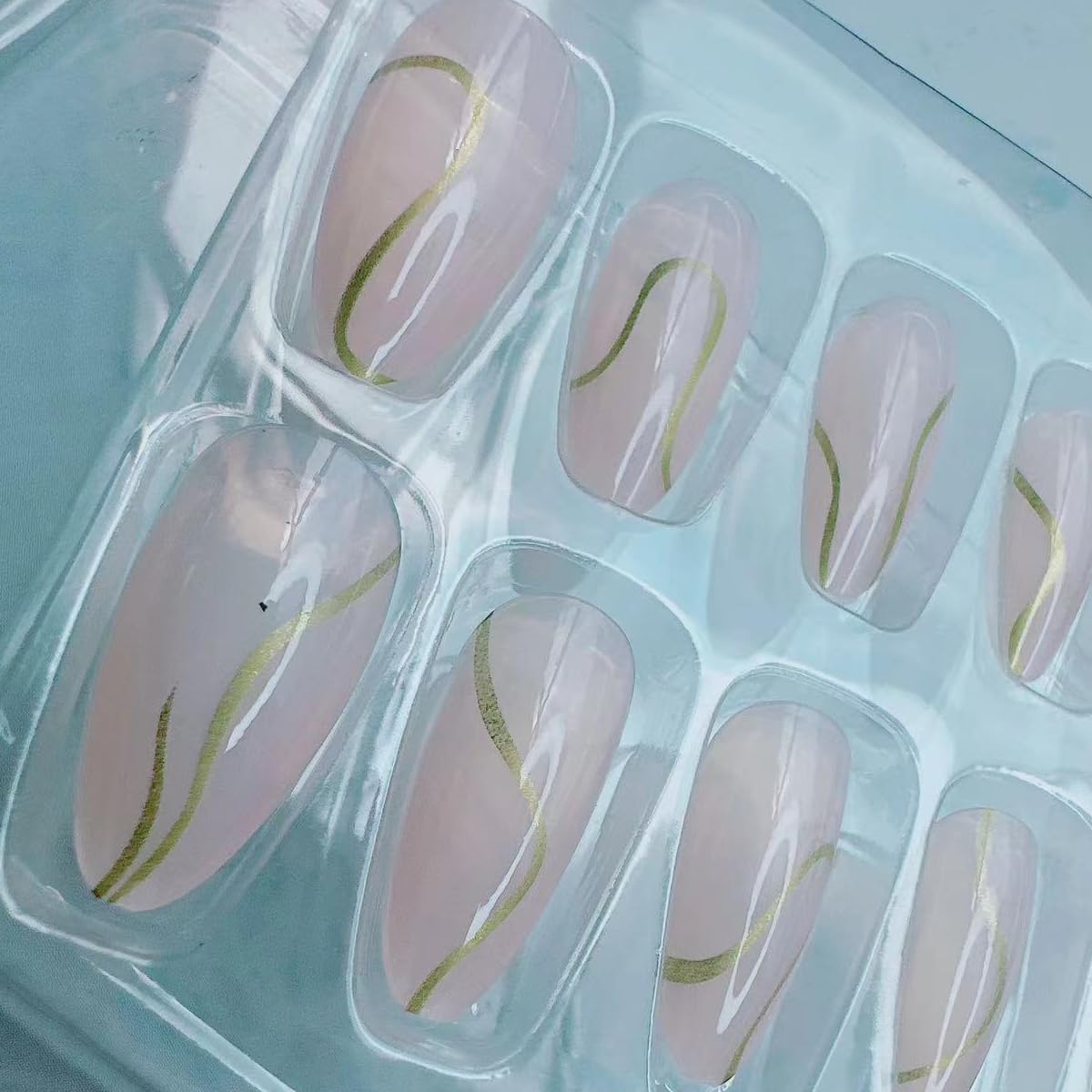 Almond Press on Nails Medium with Curve Line Design, Glossy Gold Glitter Lines False Nails Gel Glue on Nails, Press ons Stiletto Nails Natural Nude Reusable Acrylic False Nails for Women Daily Wear