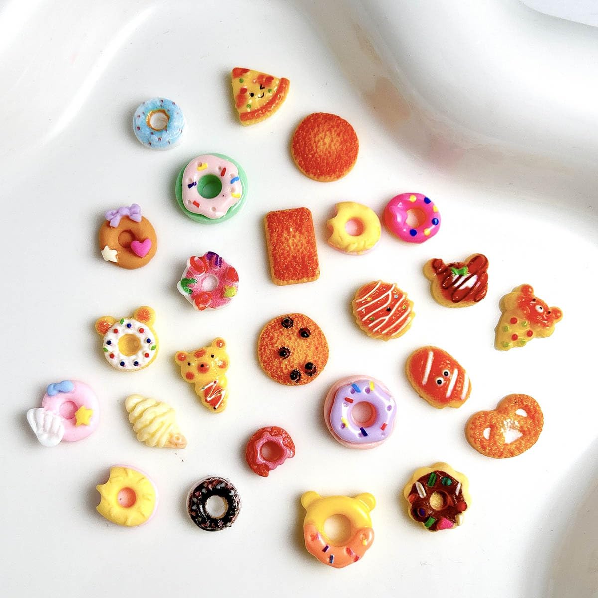 AWDSLUY 50Pcs Colorful Snack Nail Art Charms 3D Resin Food Flatback Nail Charms Donut Nail Supplies Biscuit Bread Ice Cream Pizza Nail Art Rhinestones Mixed-Style Food Toys Nail Art Accessories DIY
