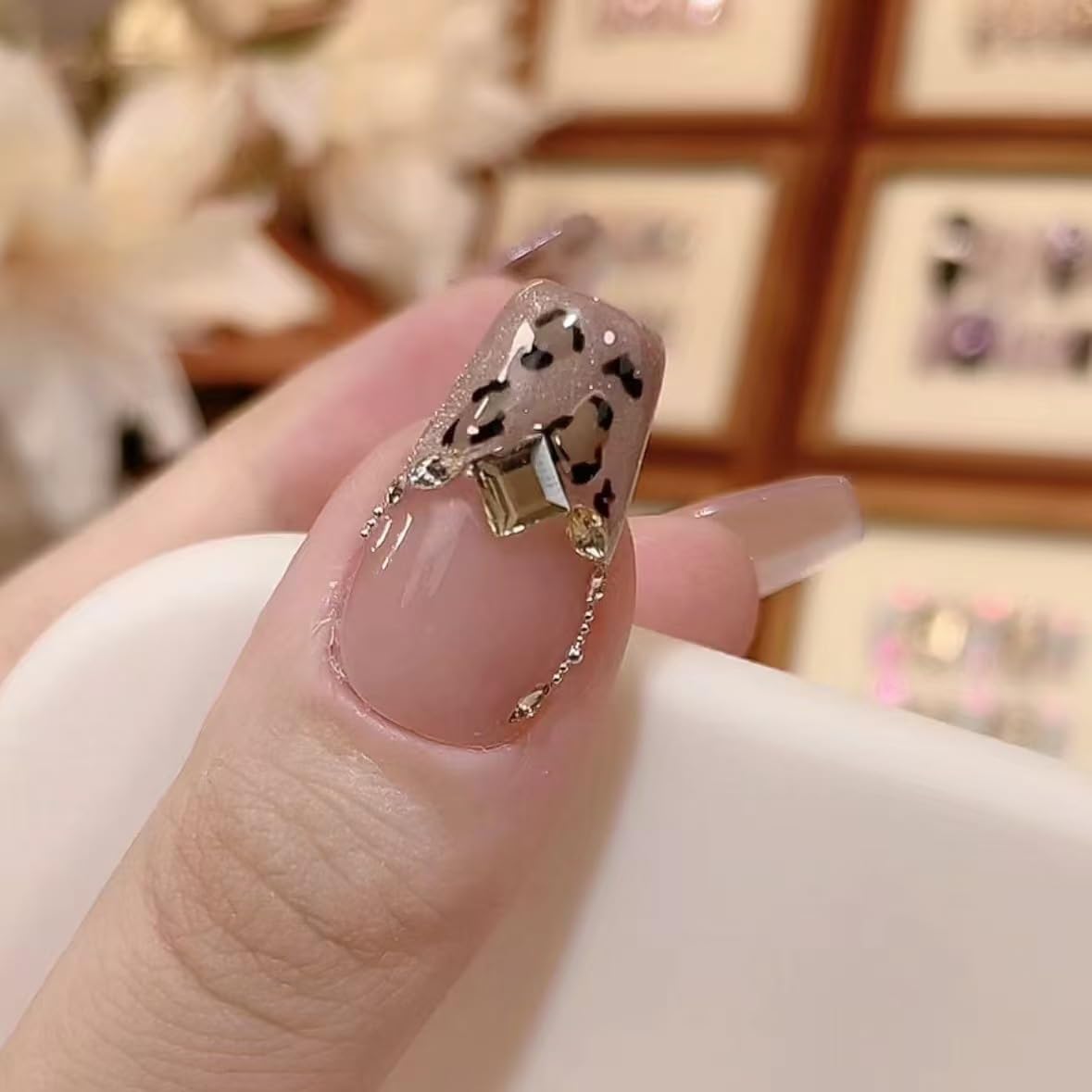 Handmade Press on Nails 10 PCS Long Square 3D Rhinestones & Leopard Print Cat Eye Size M Handmade luxury Layer Gel False Nails for Women (Pink&Gold)