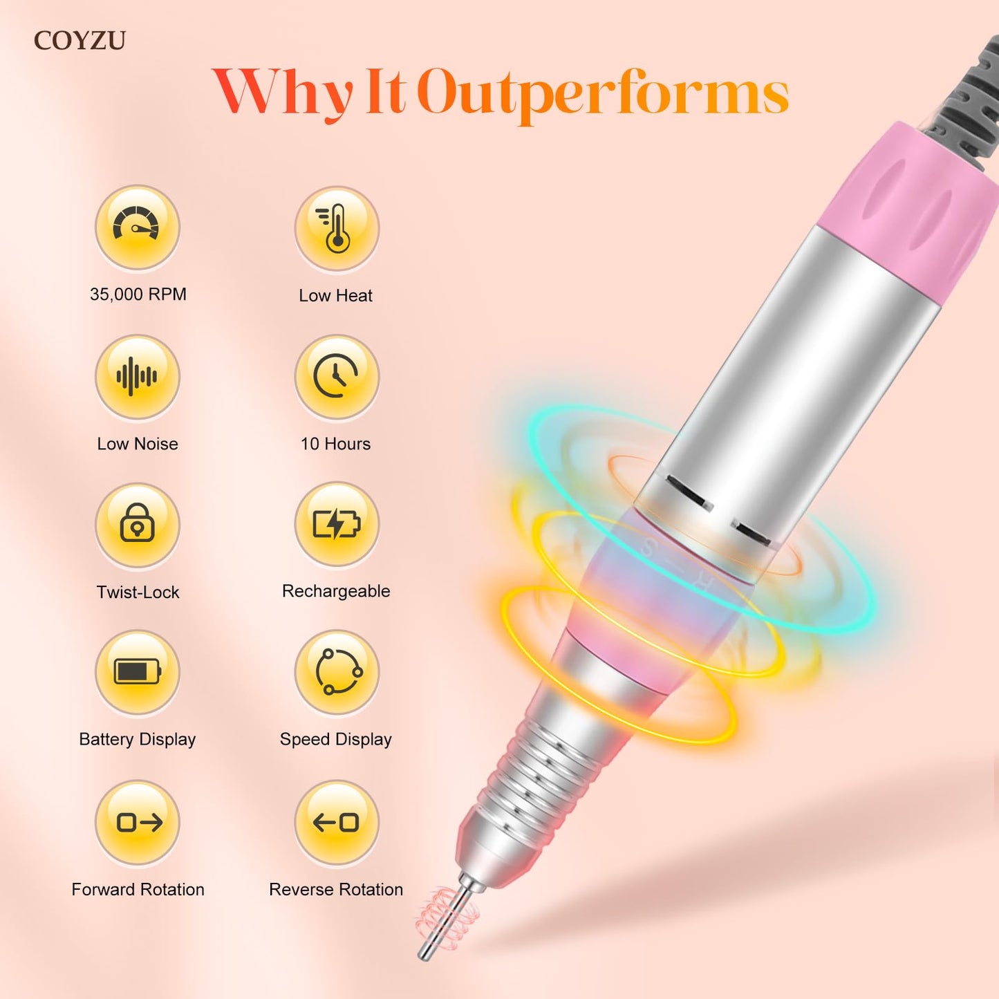 COYZU Electric Nail Drill Professional, 35000RPM Nail File Machine with Bits Set & Fast Cooling, Portable for Acrylic Gel Nail Polishing Removing, Manicure Pedicure at Salon & Home Use, Gift for Women