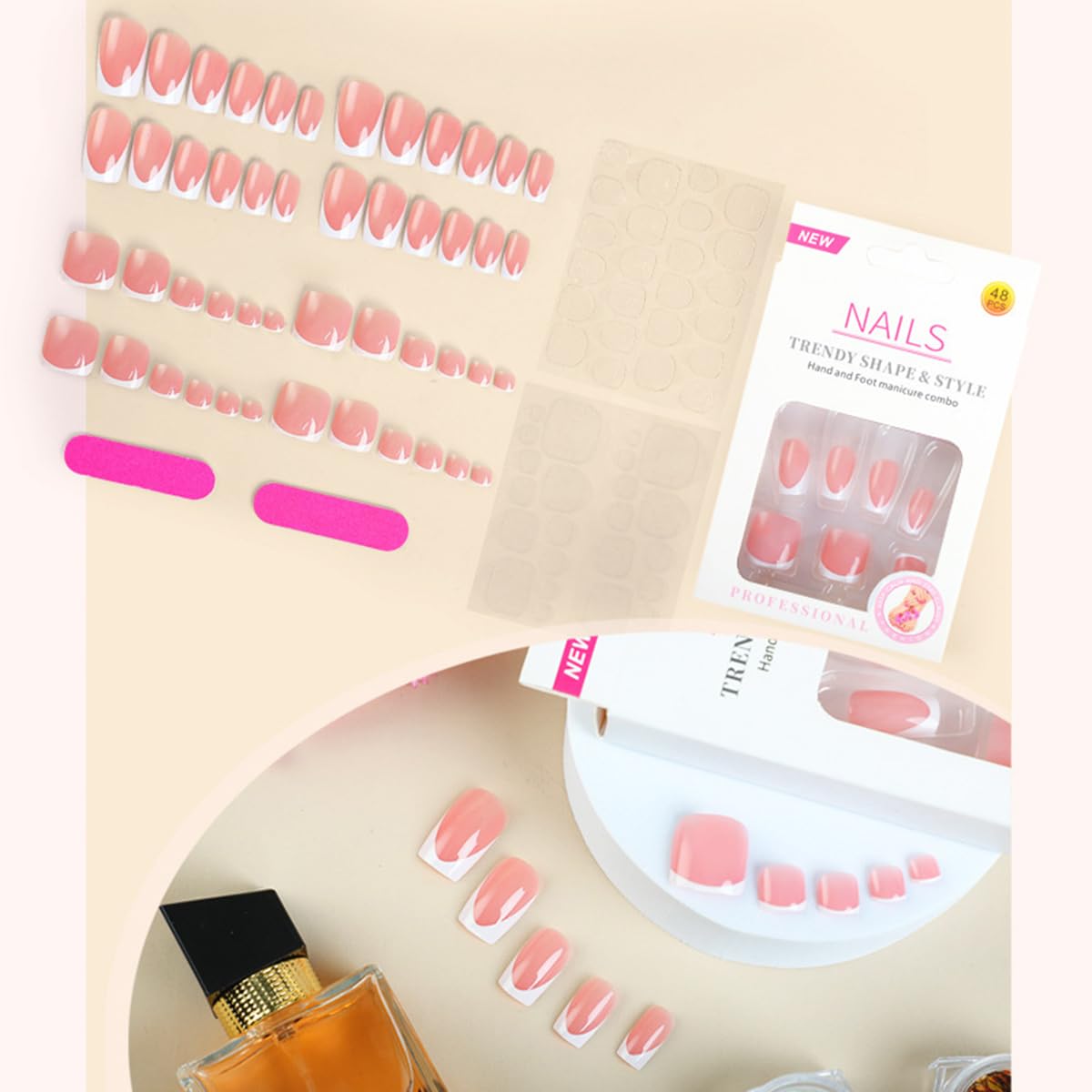 48Pcs White French Tip Press on Nails Short & Press on Toenails Set - WLGDLH Fake Nails Press ons Nail Art Tips Cute Glue on Nails Full Cover Nude Fake Toe Nail with Glossy Design Acrylic Nail Kit