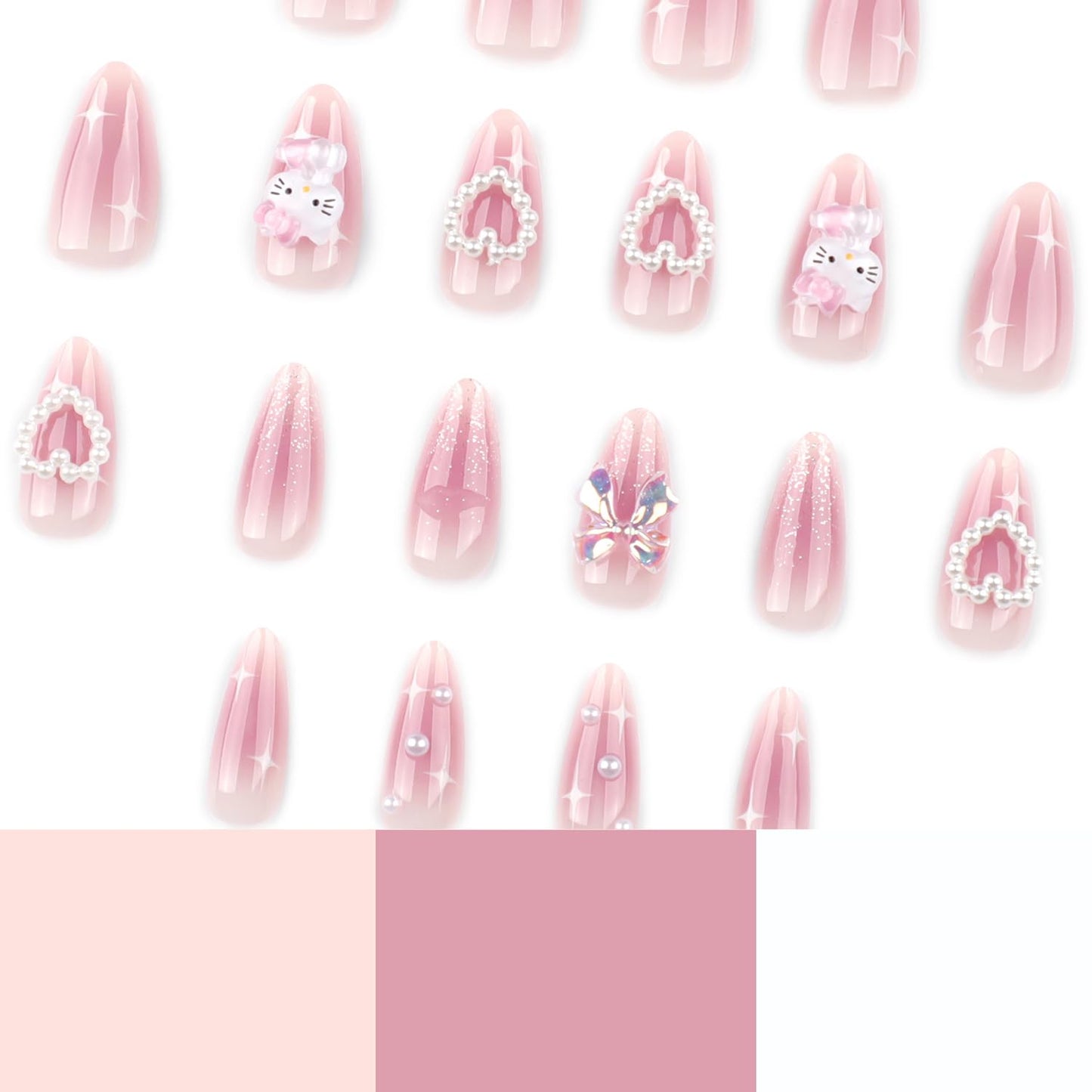 24Pcs Pink Press on Nails Medium Almond Fake Nails with Heart Pearl Bow Cute Rhinestones Designs Cartoon Acrylic Nails Reusable Laser Bow False Nail Cute Cartoon Full Cover Glue on Nails for Women