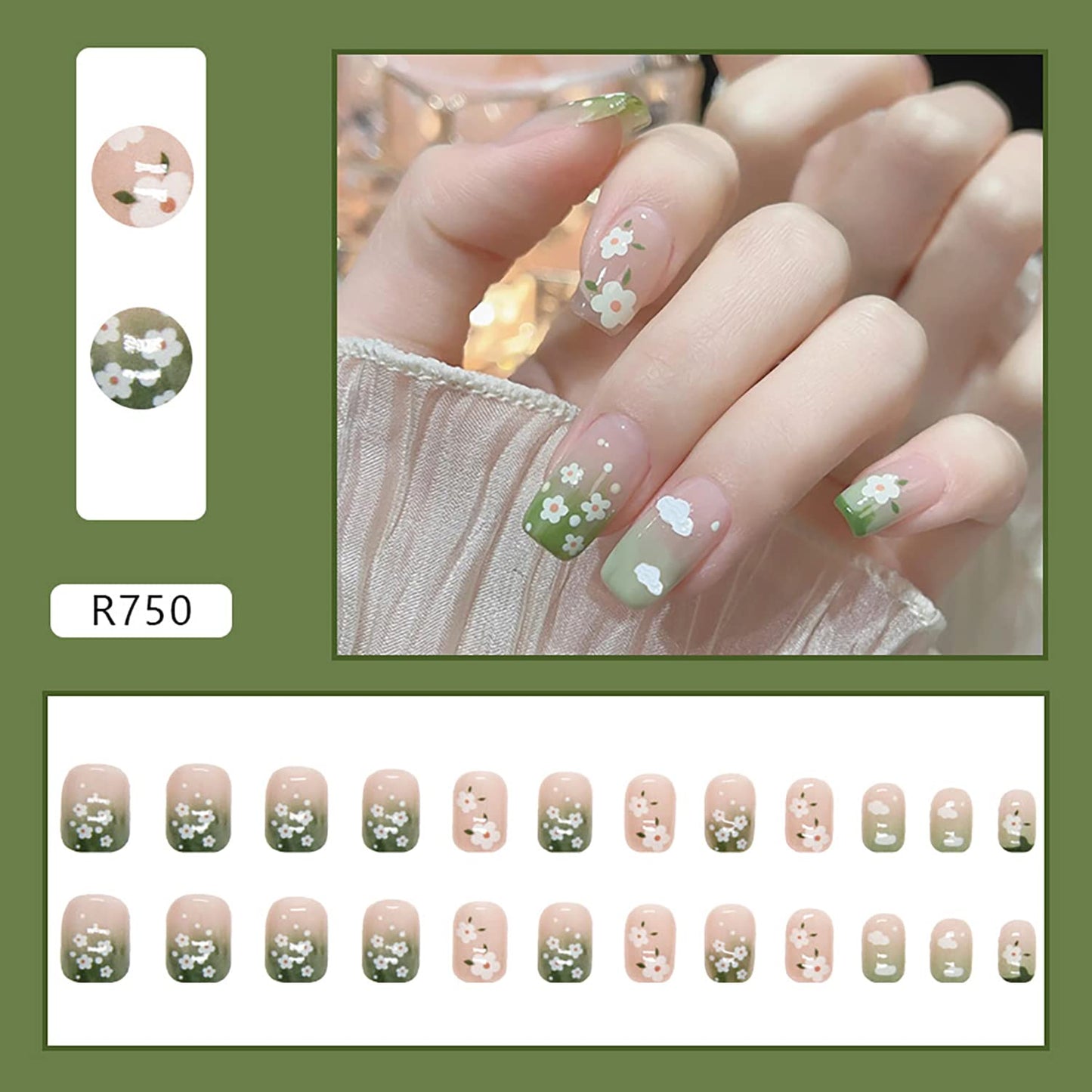 Glue on Nail Short Square Length, 24Pcs Full Cover Reusable False Nails, Press on Nails with Small Flower Designs, Artificial Coffin Acrylic Fake Nails for Women Stick on Nails with Charm Decorations